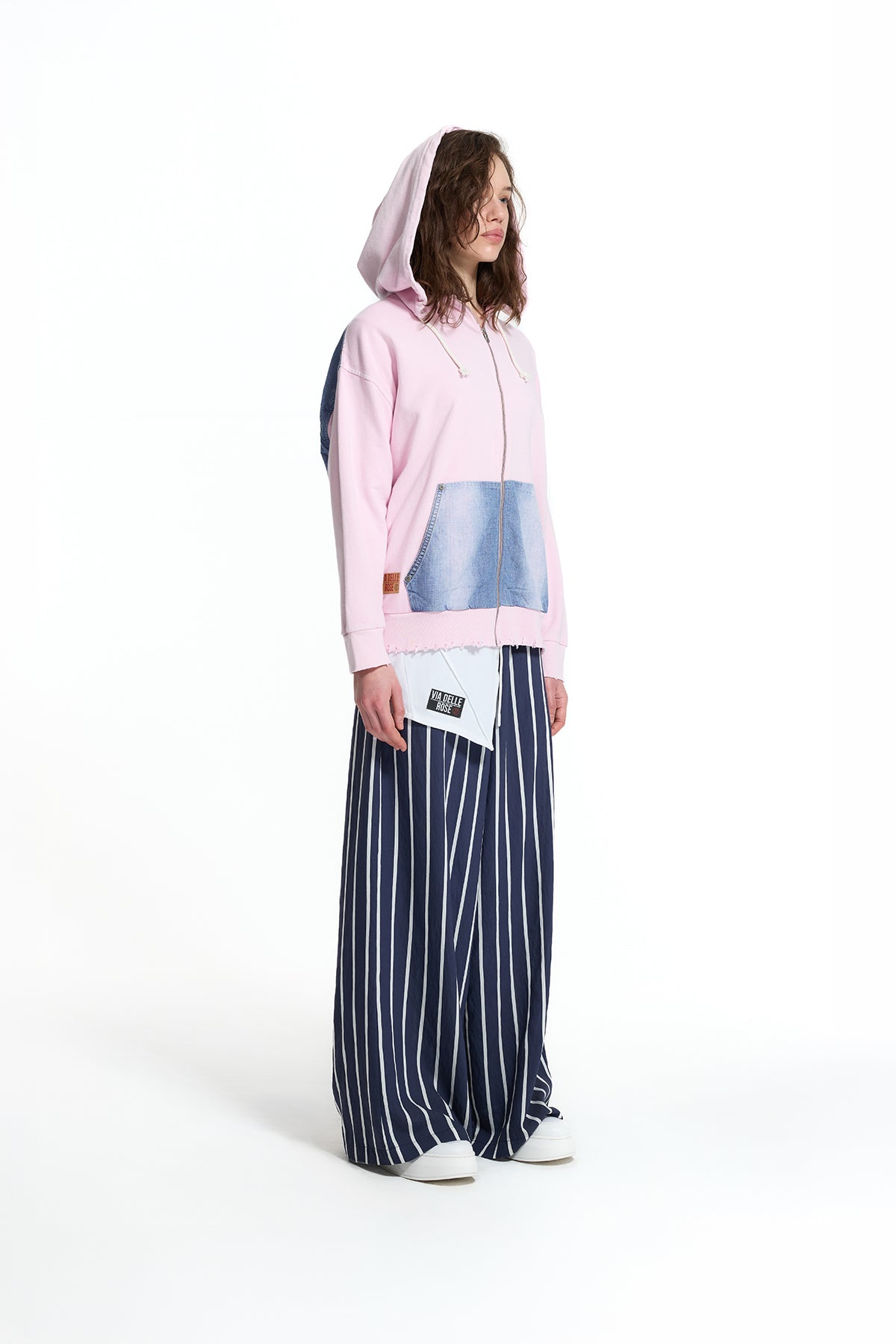Pink Blue Denim Pocket Detail Hooded Oversize Sweatshirt 19092