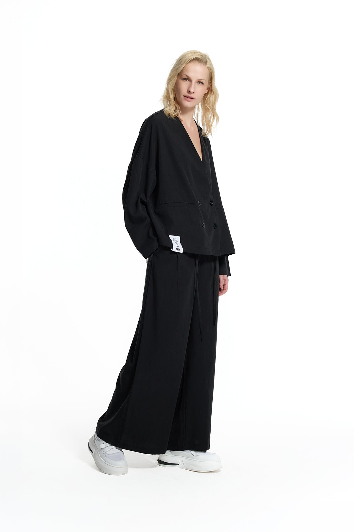 Black Draped Wide-leg Drawstring Trousers 19096