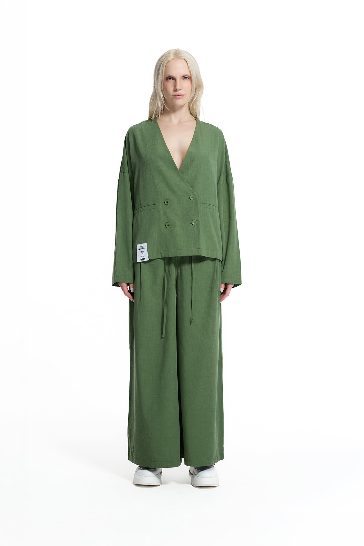 Khaki Draped Wide-leg Drawstring Trousers 19096