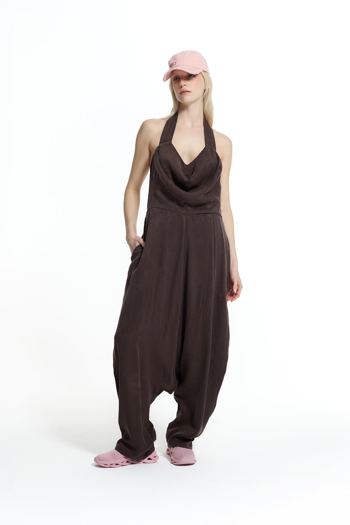 Brown Halter Neck Draped Collar Harem Cut Jumpsuit 19101