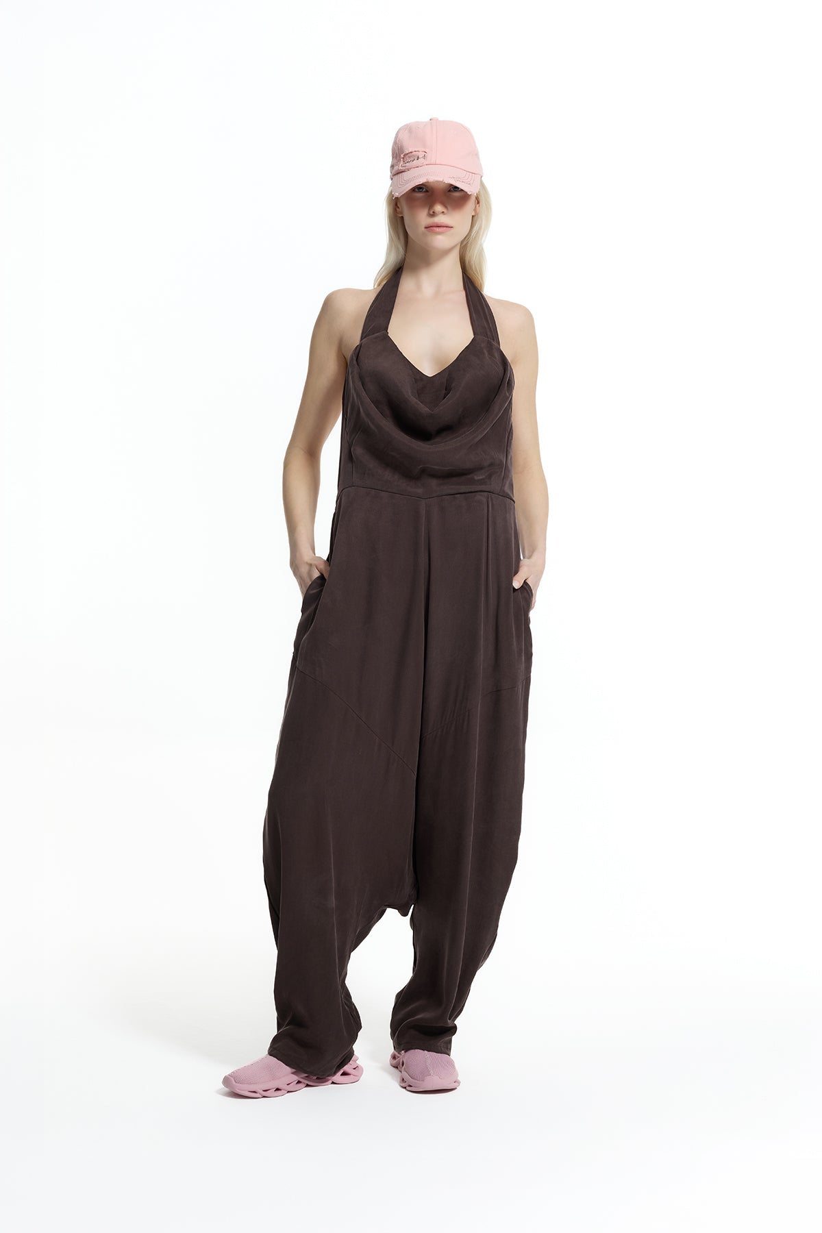Brown Halter Neck Draped Collar Harem Cut Jumpsuit 19101