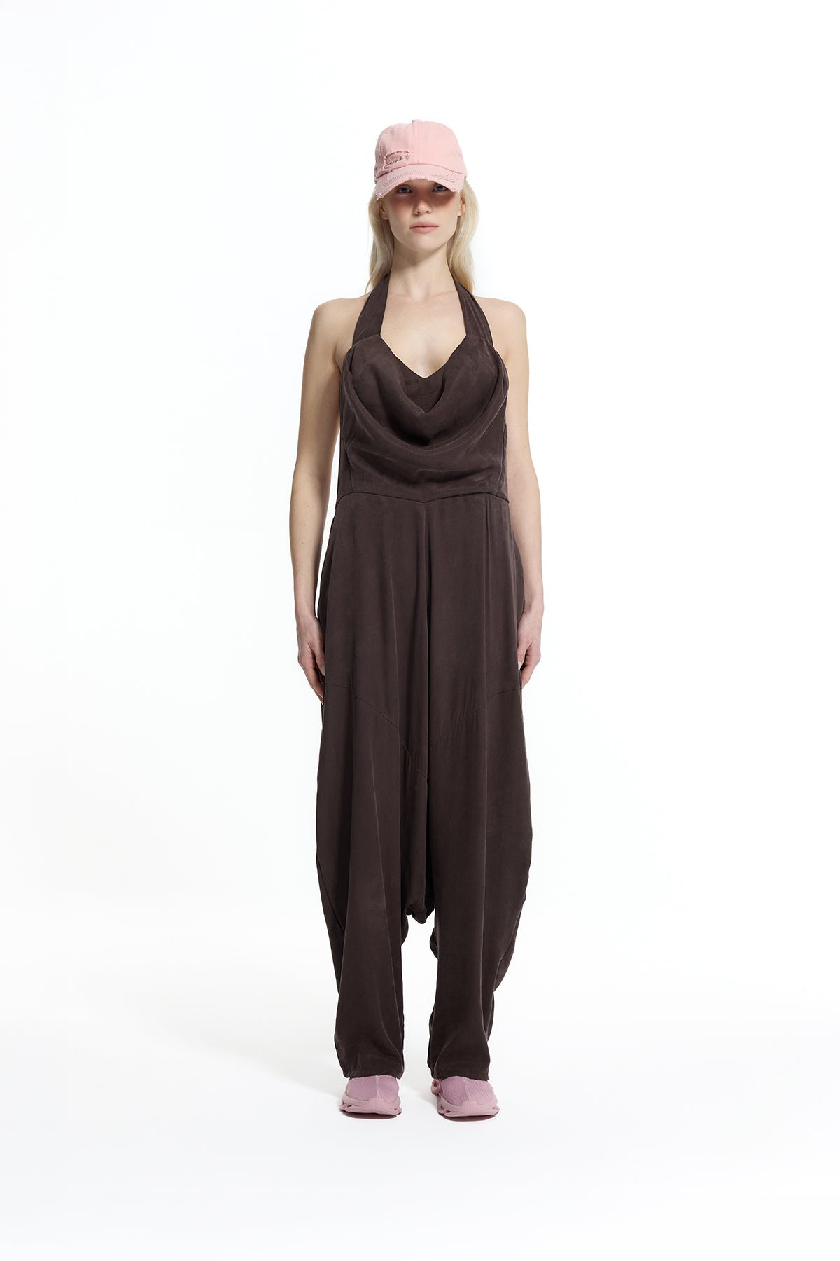 Brown Halter Neck Draped Collar Harem Cut Jumpsuit 19101