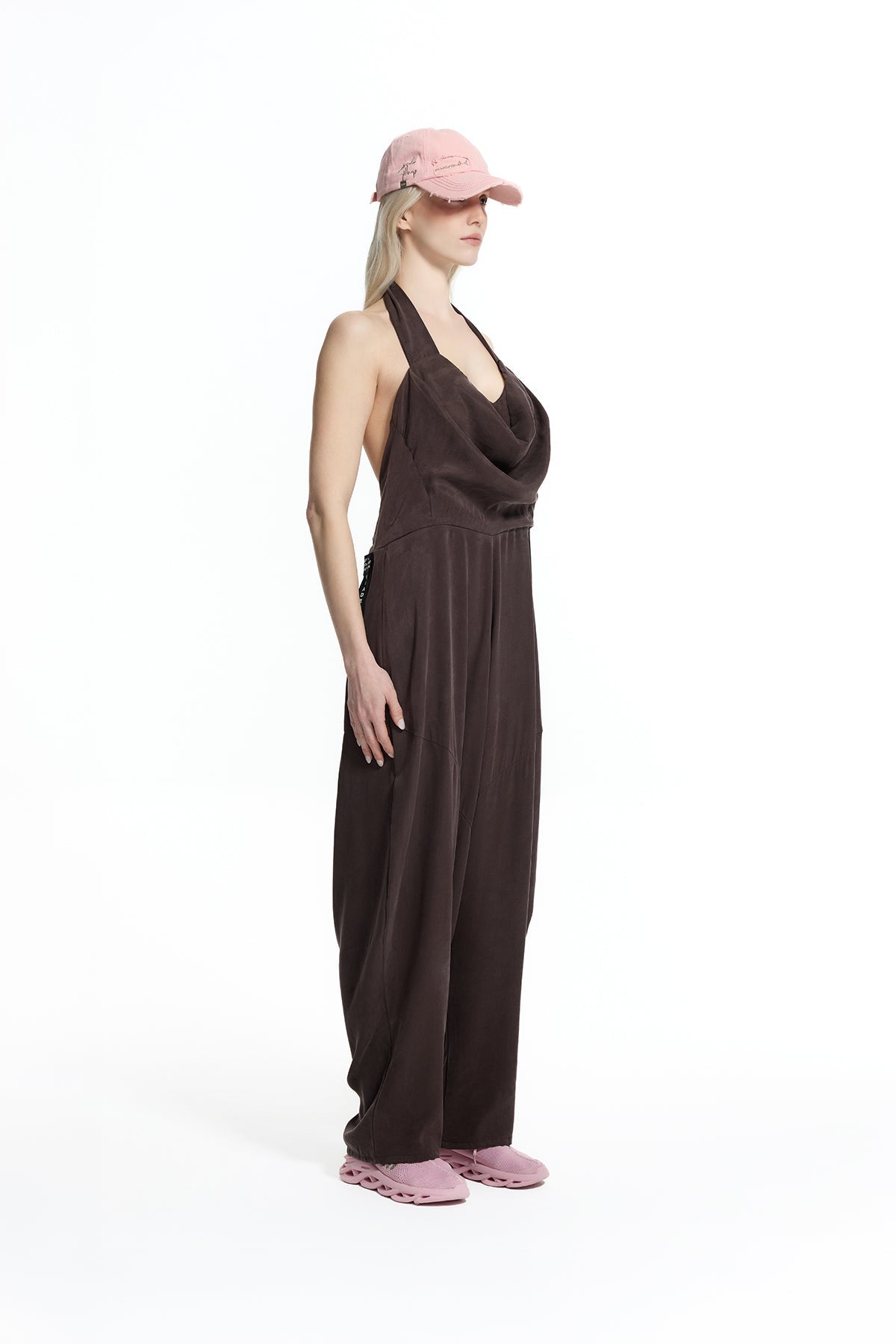 Brown Halter Neck Draped Collar Harem Cut Jumpsuit 19101