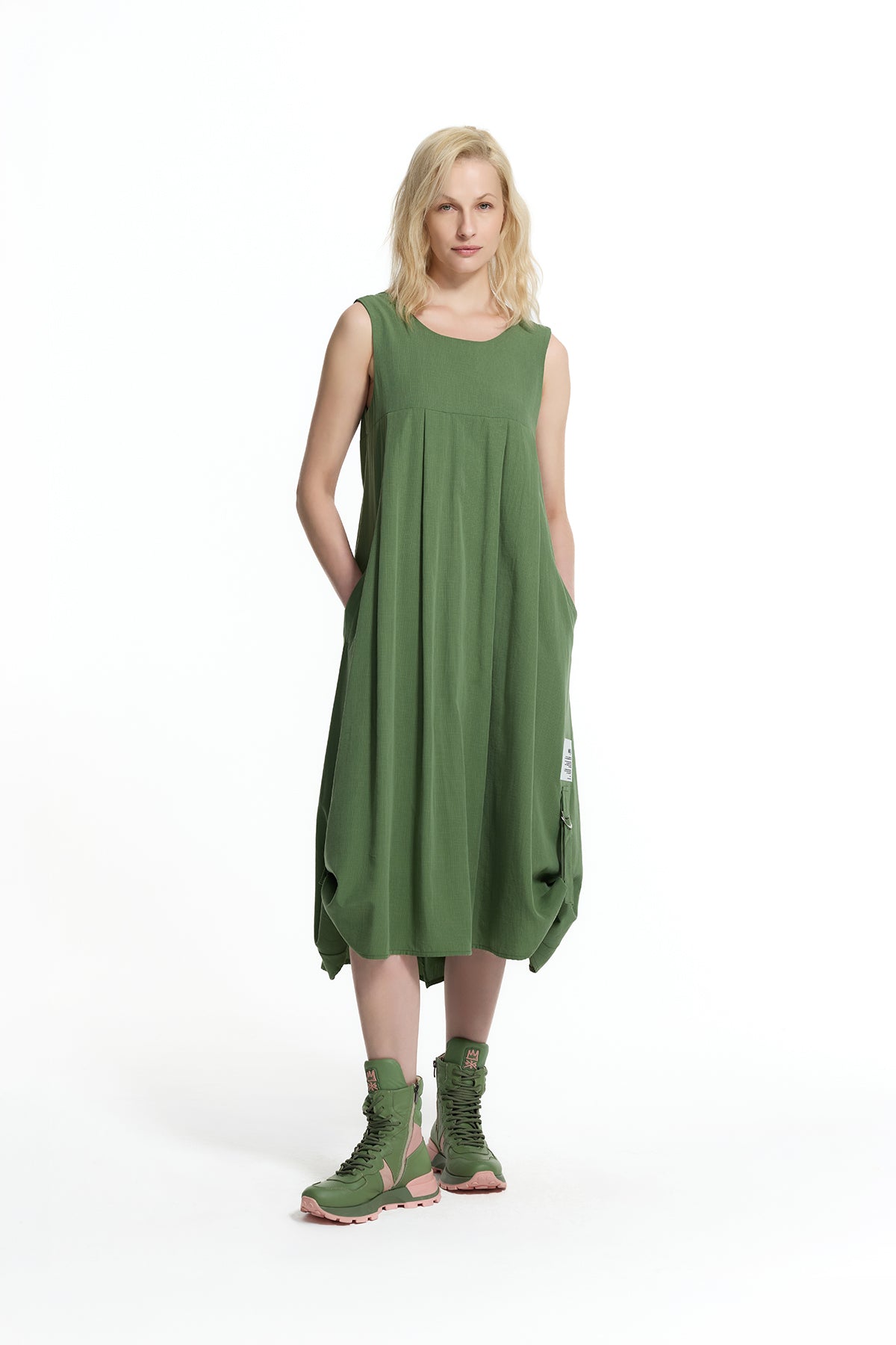 Khaki Open-back Gathered Detail Midi Dress 19102