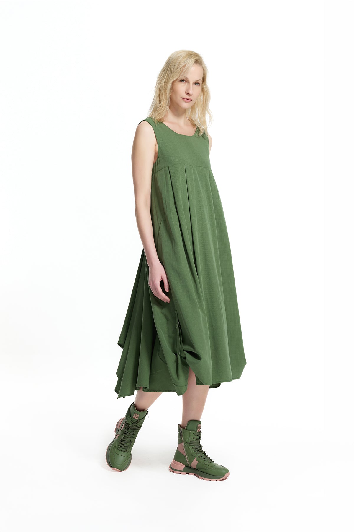 Khaki Open-back Gathered Detail Midi Dress 19102
