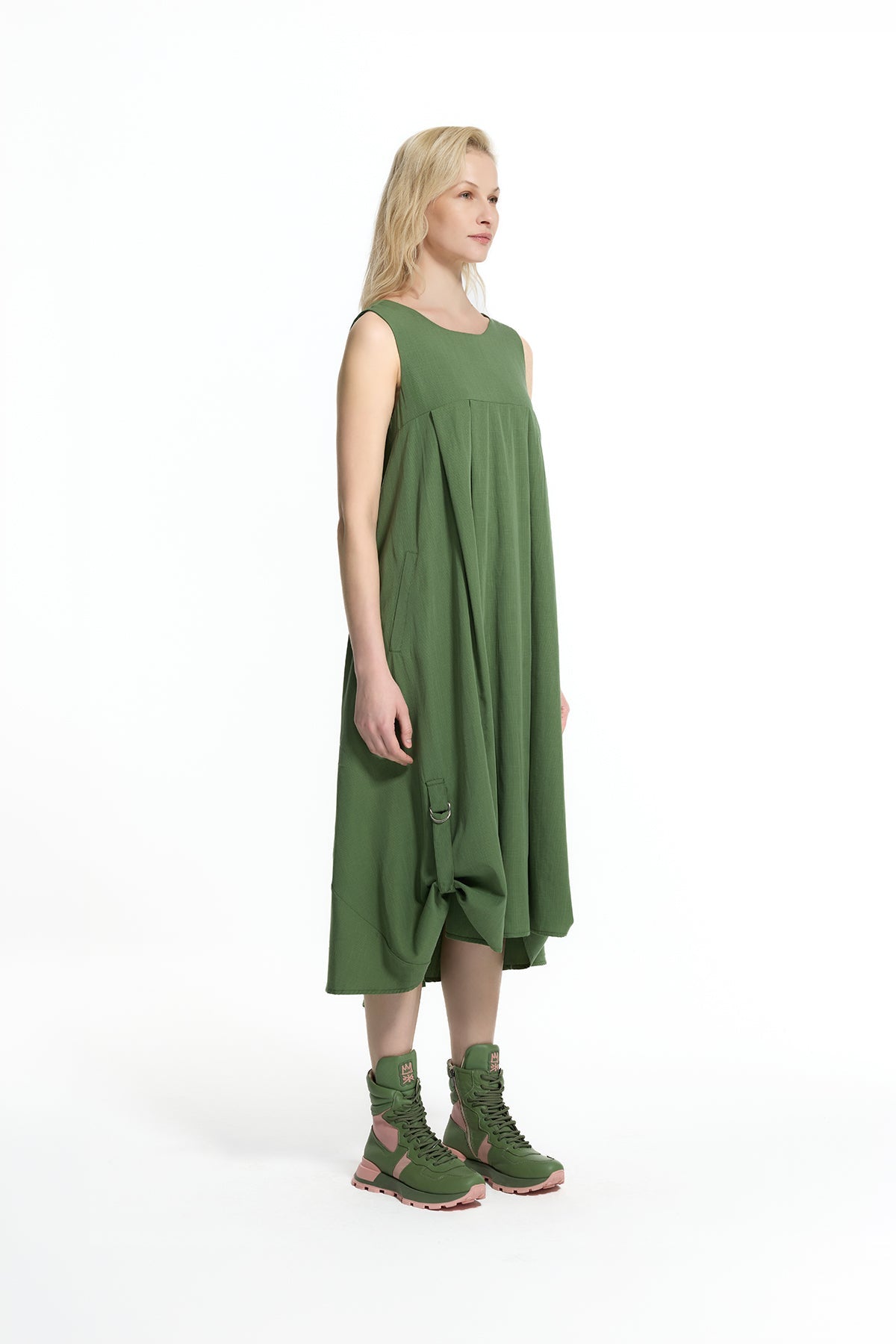 Khaki Open-back Gathered Detail Midi Dress 19102