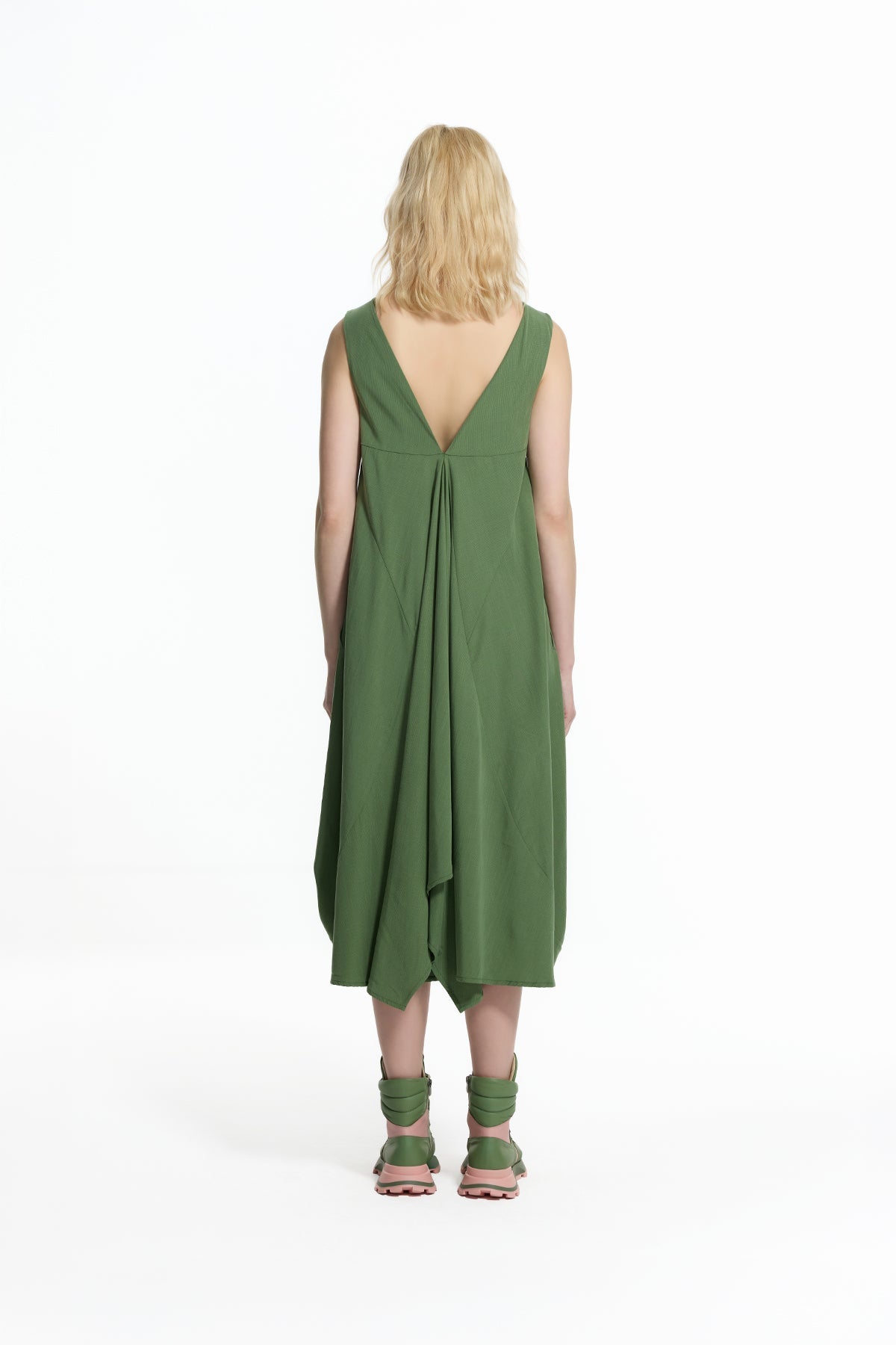 Khaki Open-back Gathered Detail Midi Dress 19102