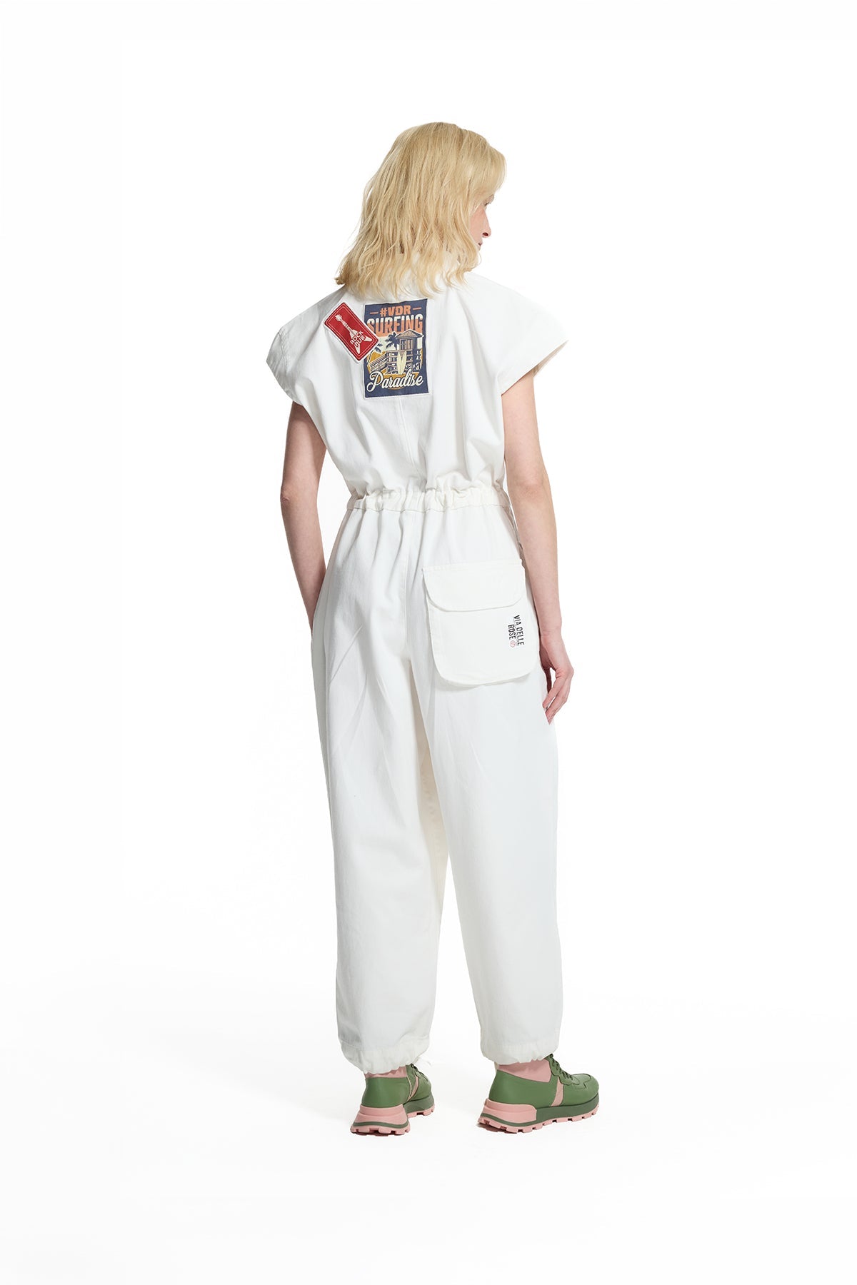 White Drawstring Waist Patch Jumpsuit 19120