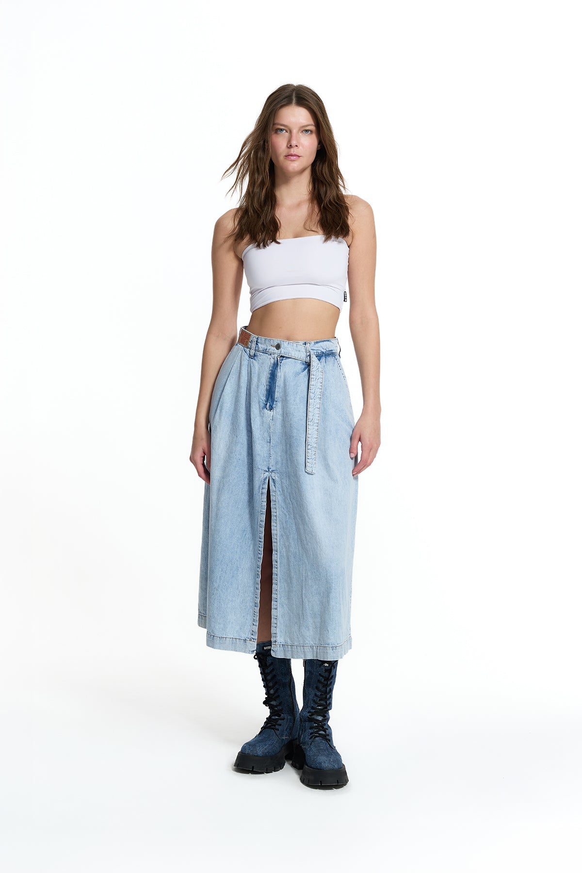 Ice Blue Belted Culotte Denim Skirt 19123
