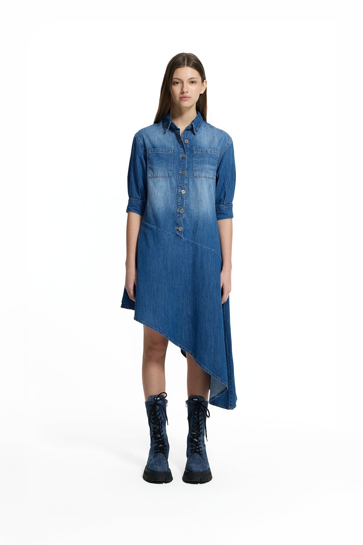 Blue Asymmetric Denim Shirt Dress 19124