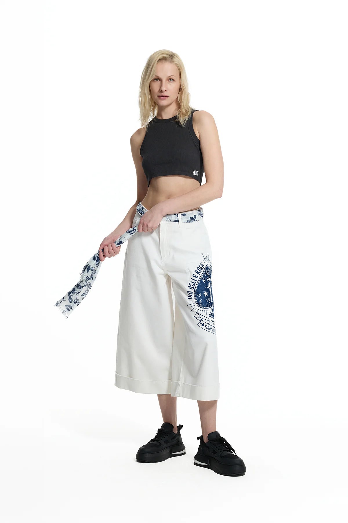 White Patch Print Belted Trousers 19131