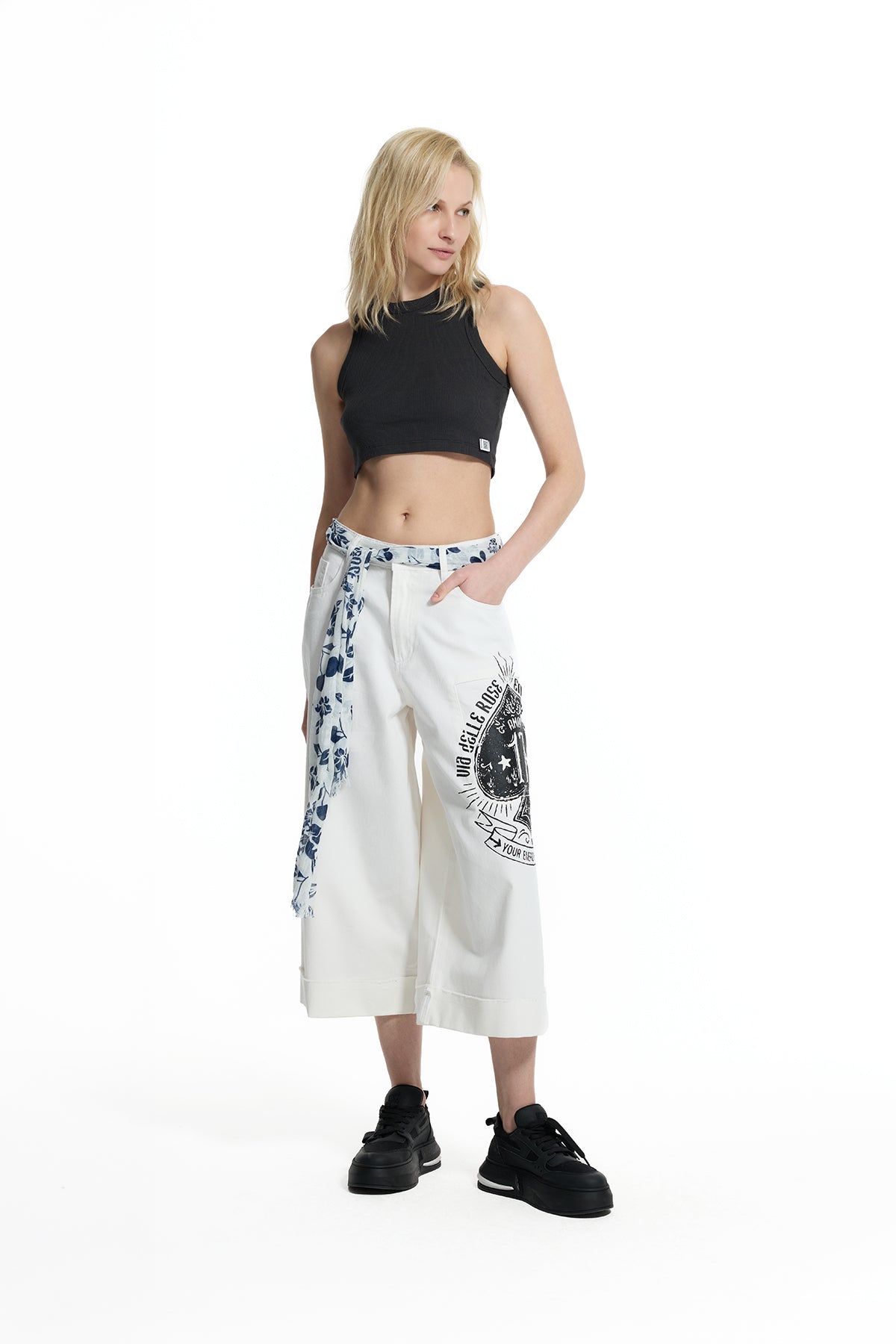 White Patch Print Belted Trousers 19131