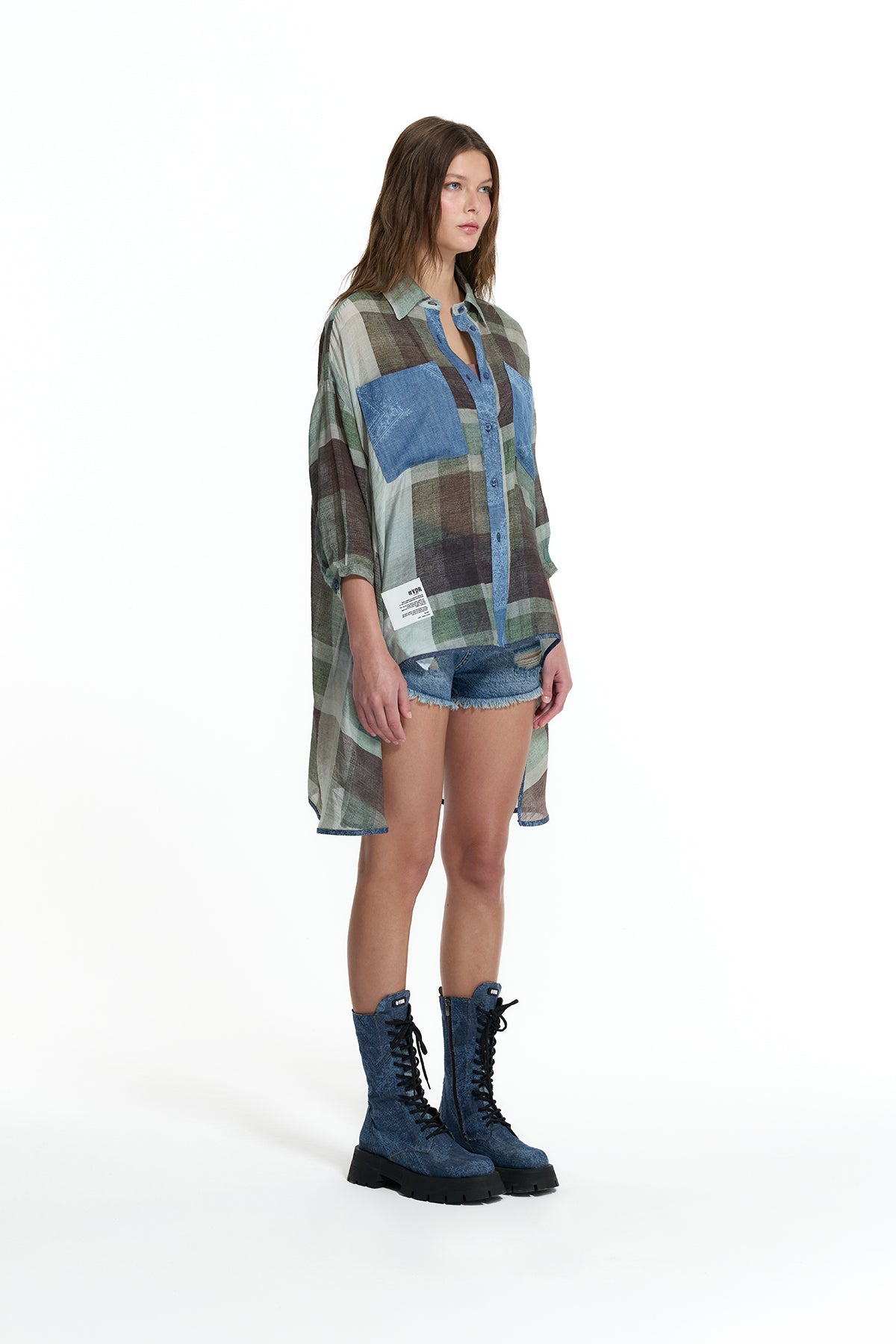 Green Denim Patch Plaid Shirt 19134