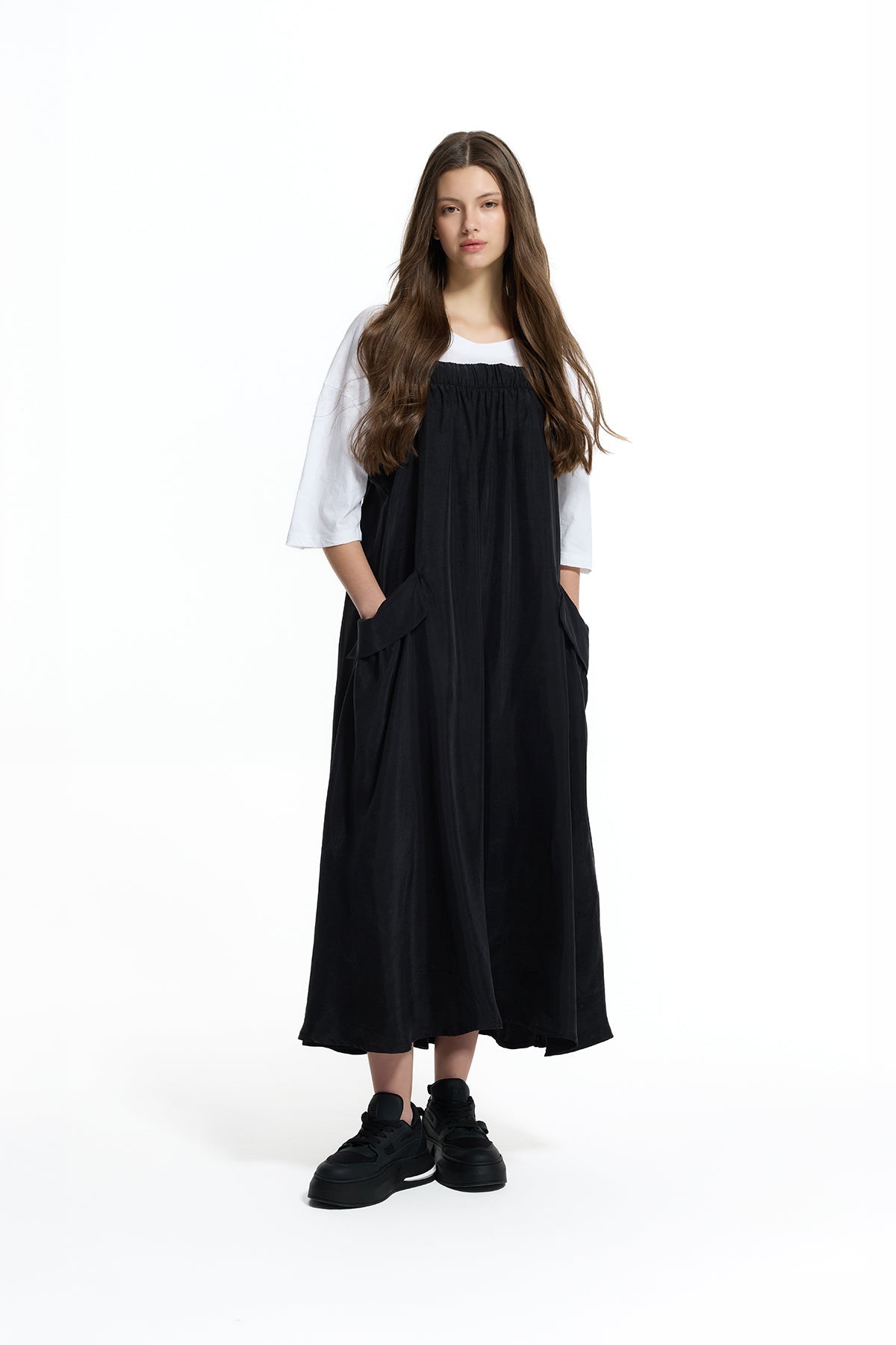 Black Elastic Bust Cargo Dress 19139