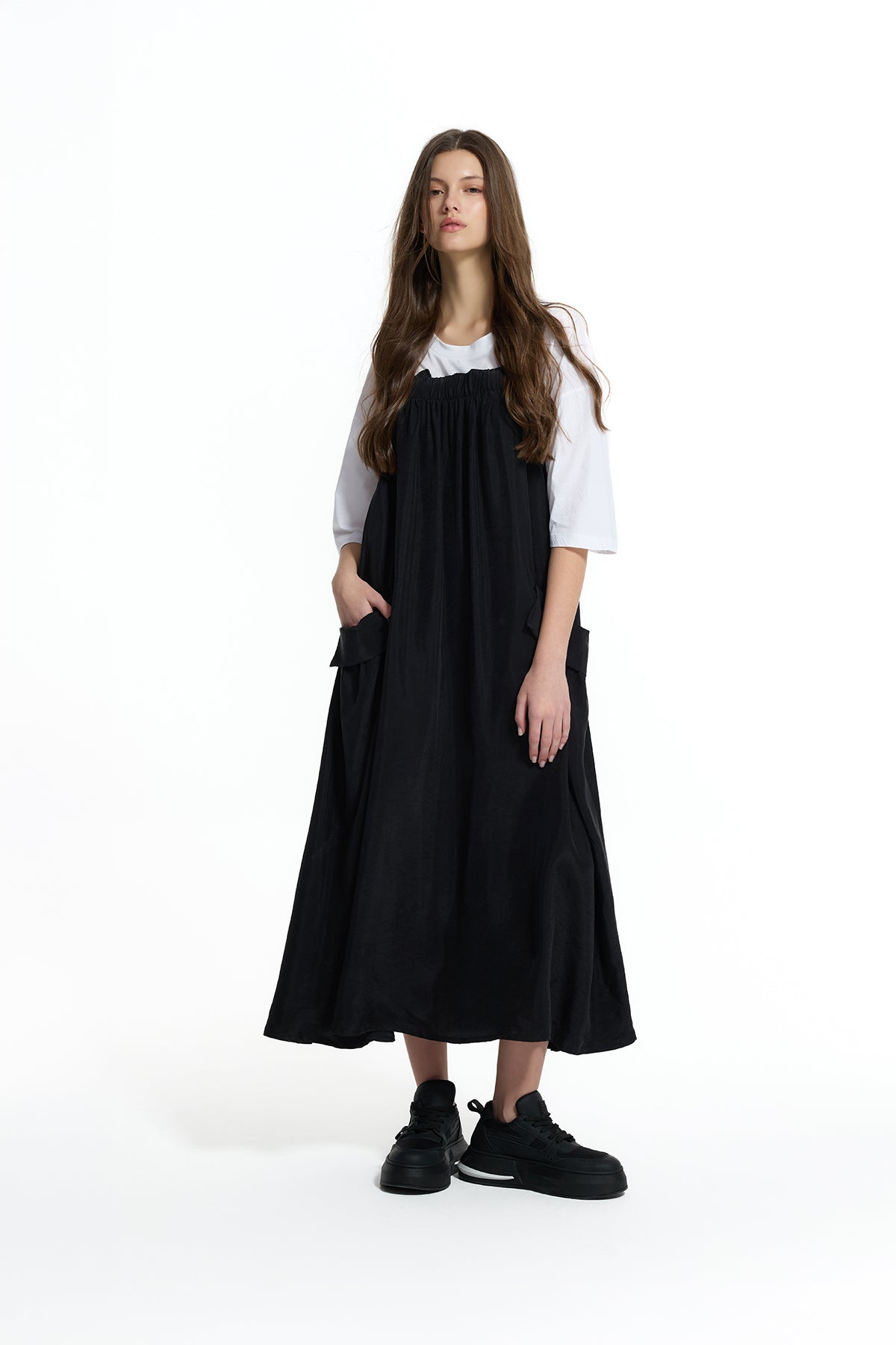 Black Elastic Bust Cargo Dress 19139