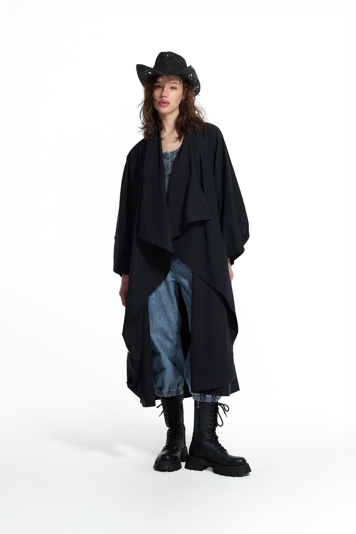 Black Asymmetric Shawl Collar Trench Coat 19146