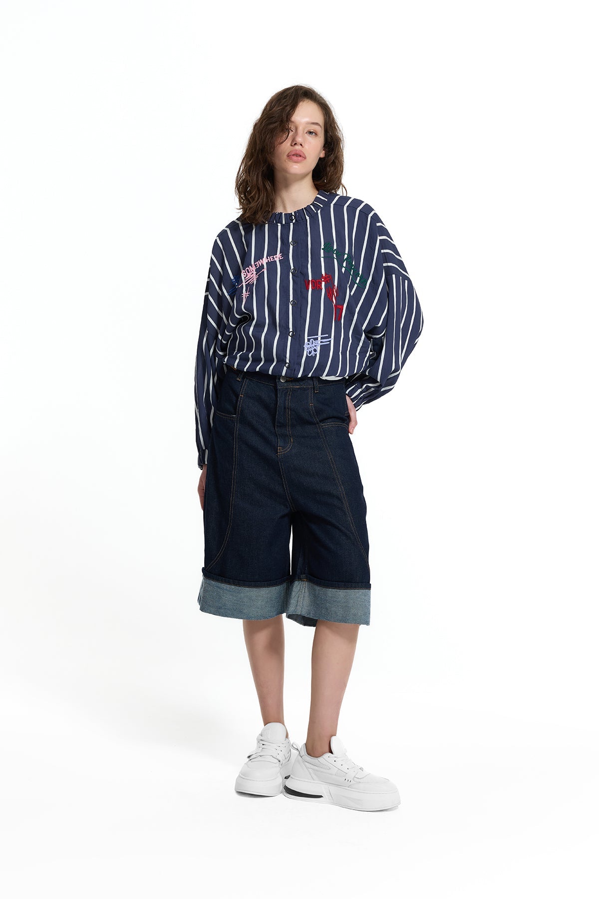 Blue White Embroidered Bomber Jacket 19150