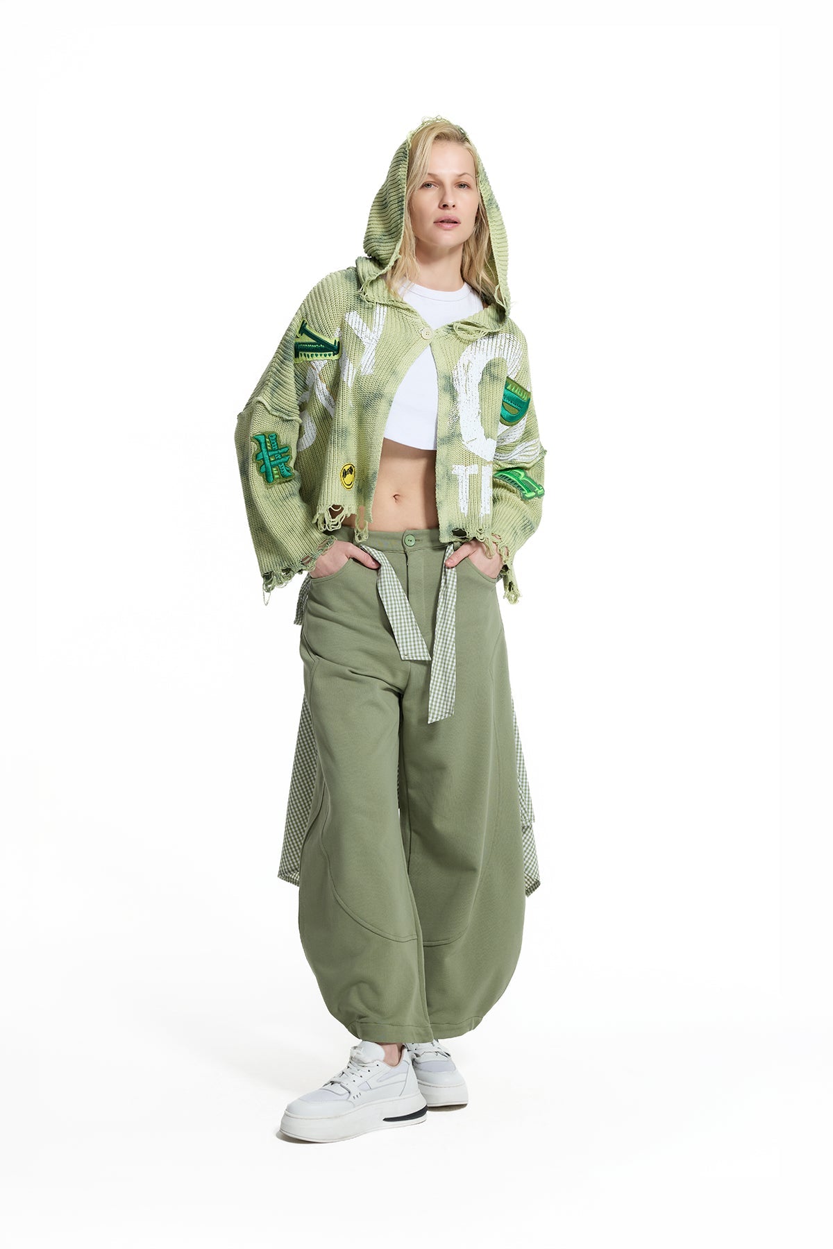 Pistachio Green Patch Detail Crop Cardigan Knit Sweater 19159