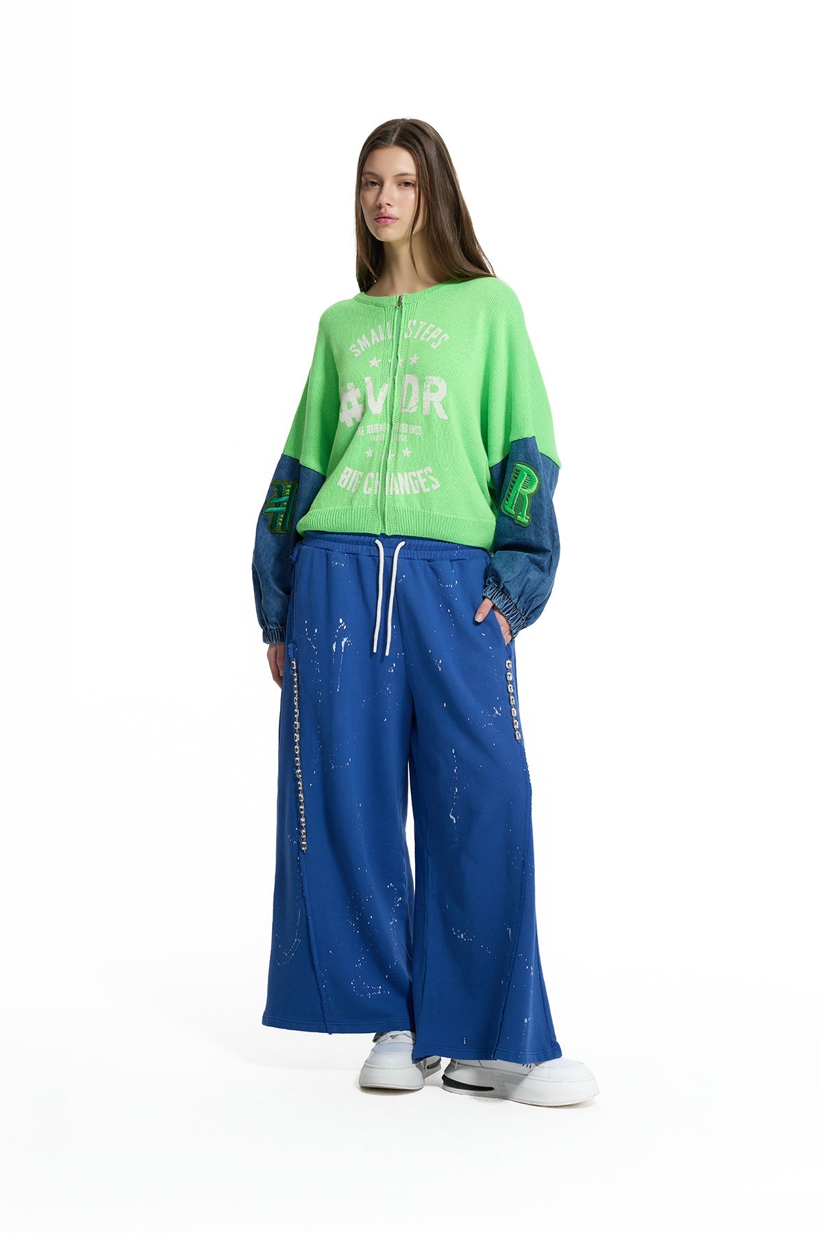 Neon Green Blue Contrast Denim Sleeve Bomber Knit Sweater 19173