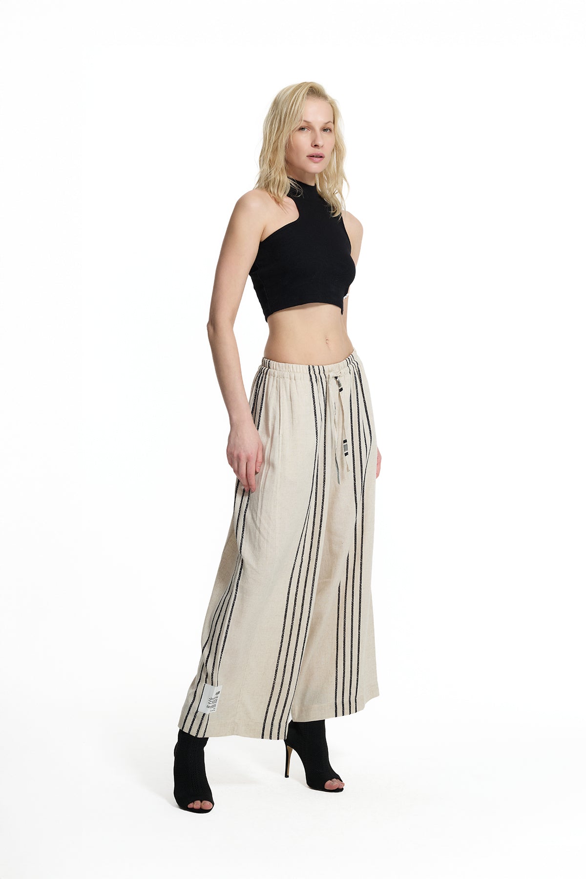 Beige Black Striped Linen Blend Wide-leg Trousers 19178