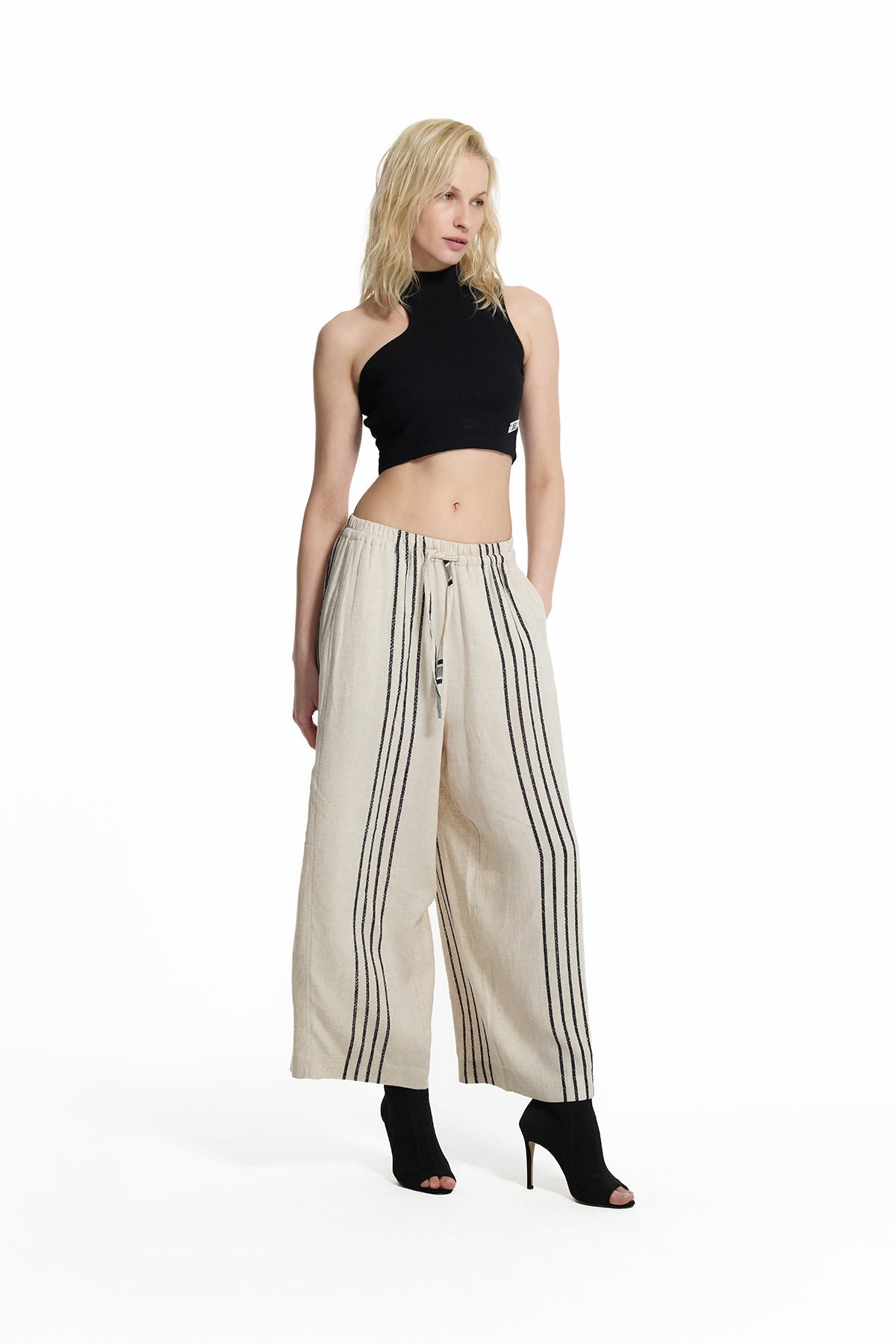 Beige Black Striped Linen Blend Wide-leg Trousers 19178