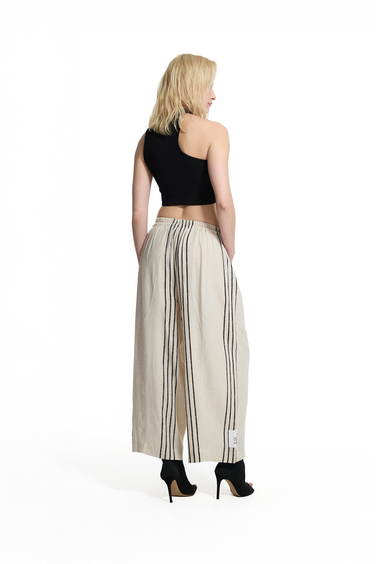 Beige Black Striped Linen Blend Wide-leg Trousers 19178
