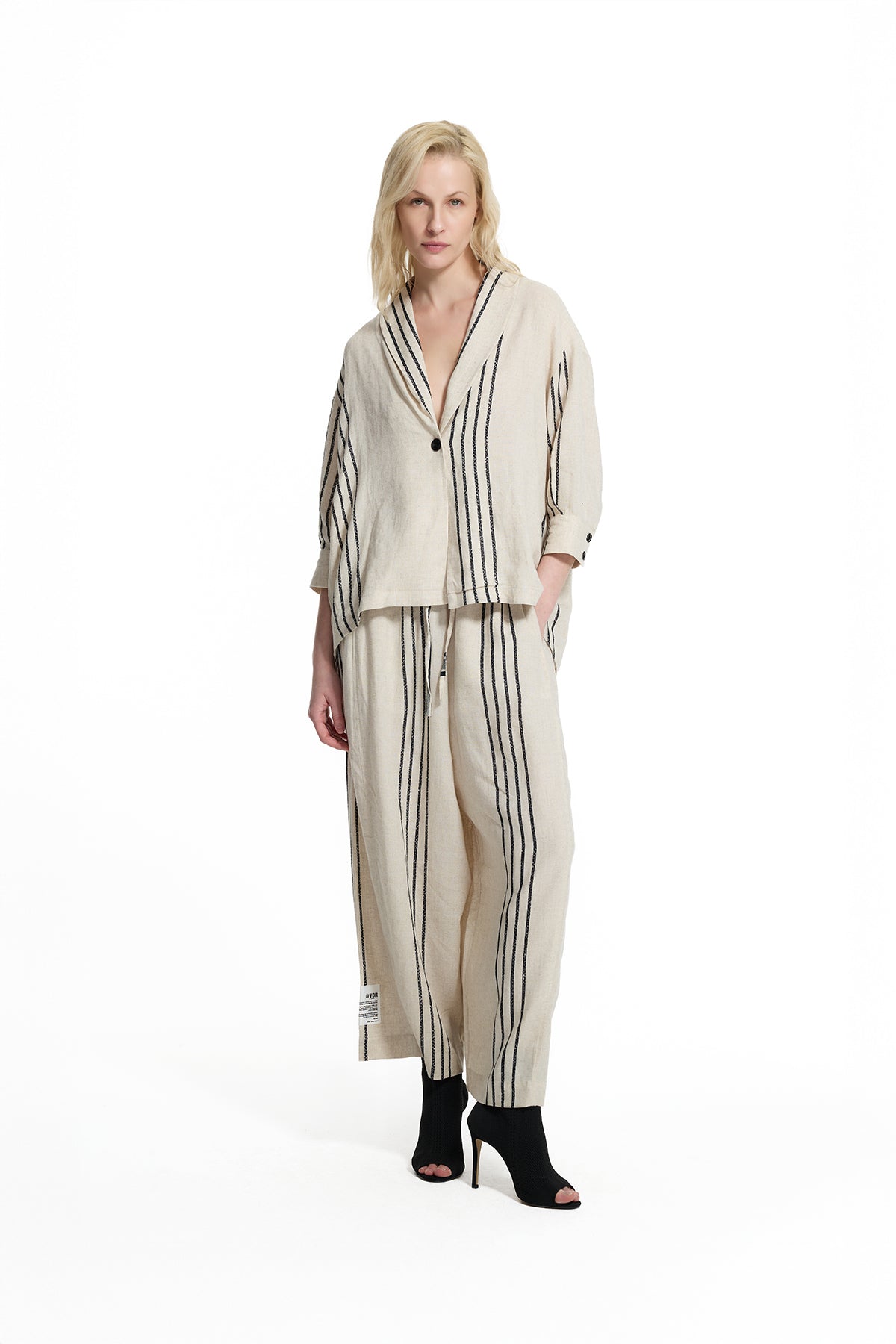 Beige Black Striped Linen Shirt Jacket 19179