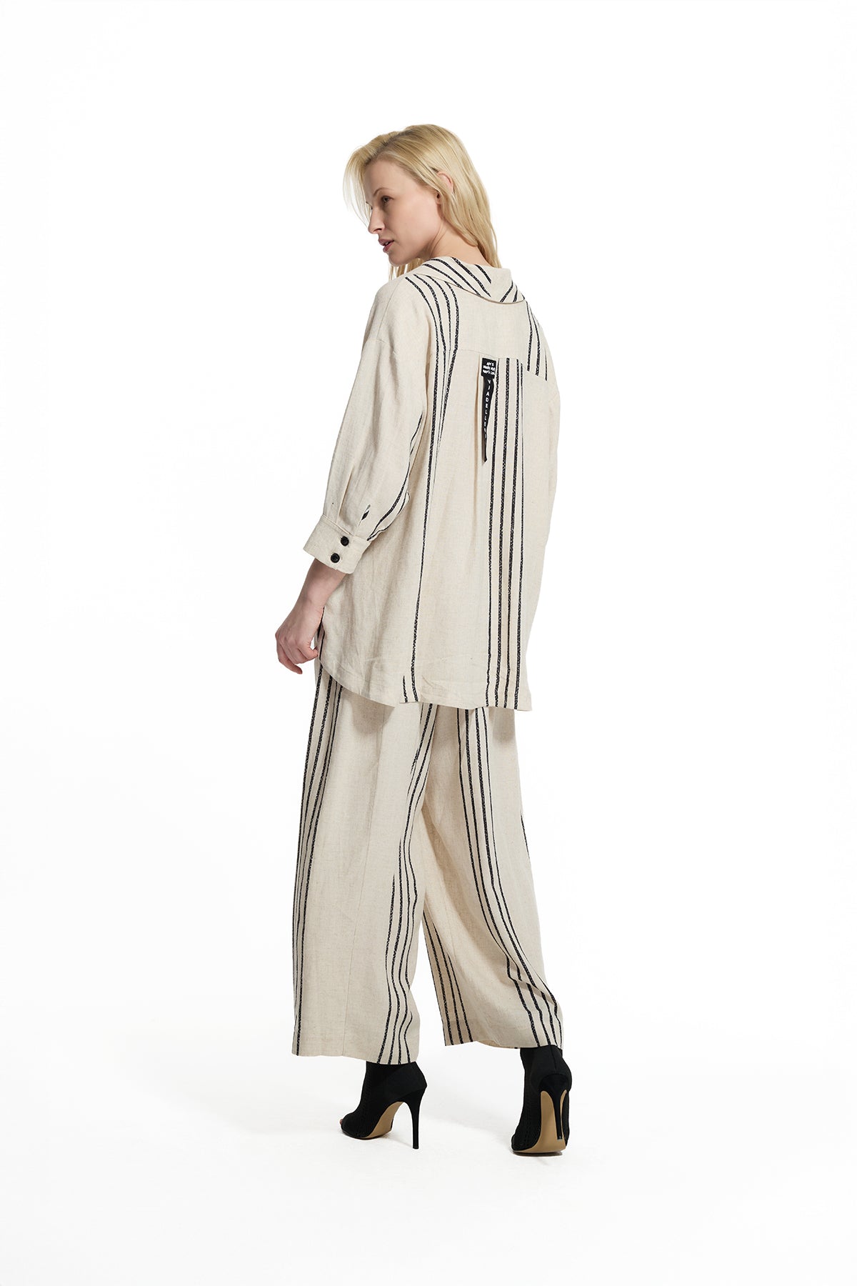 Beige Black Striped Linen Shirt Jacket 19179