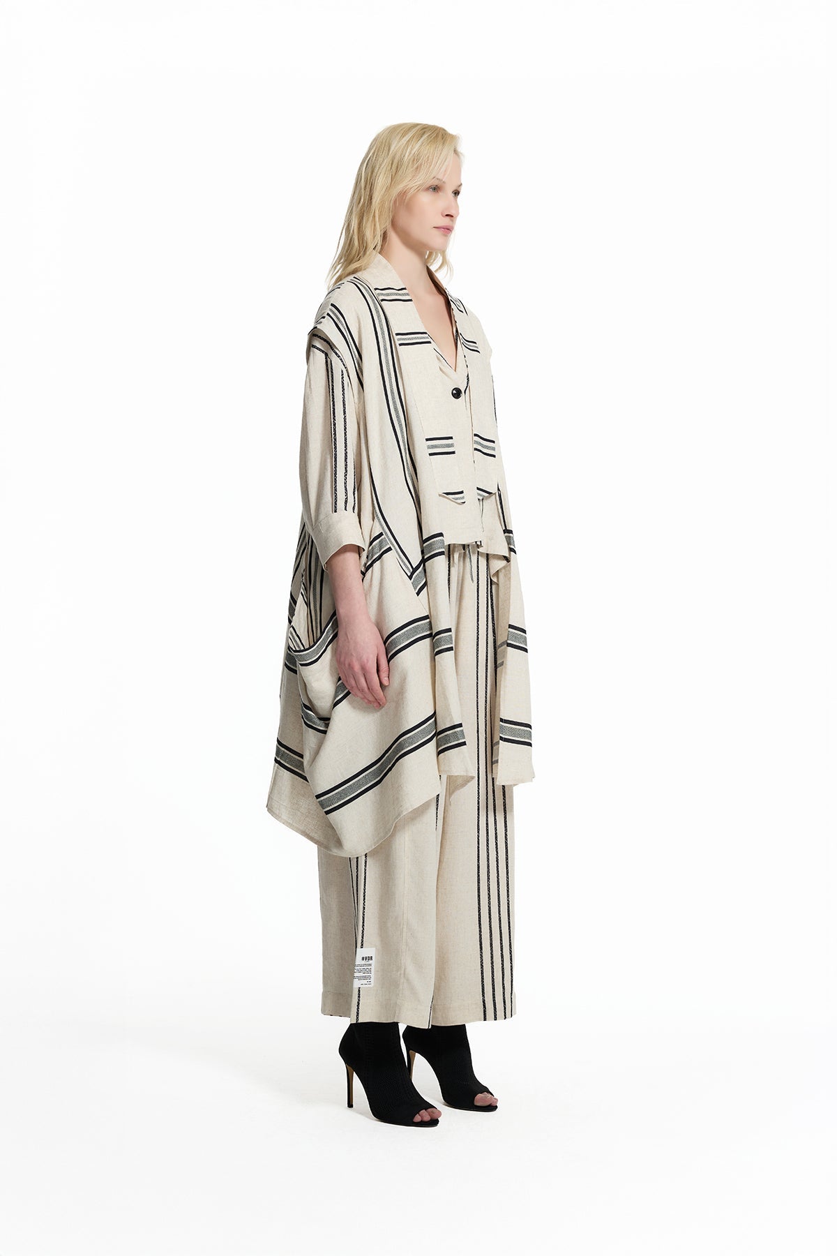 Beige Black Striped Linen Long Coat 19180