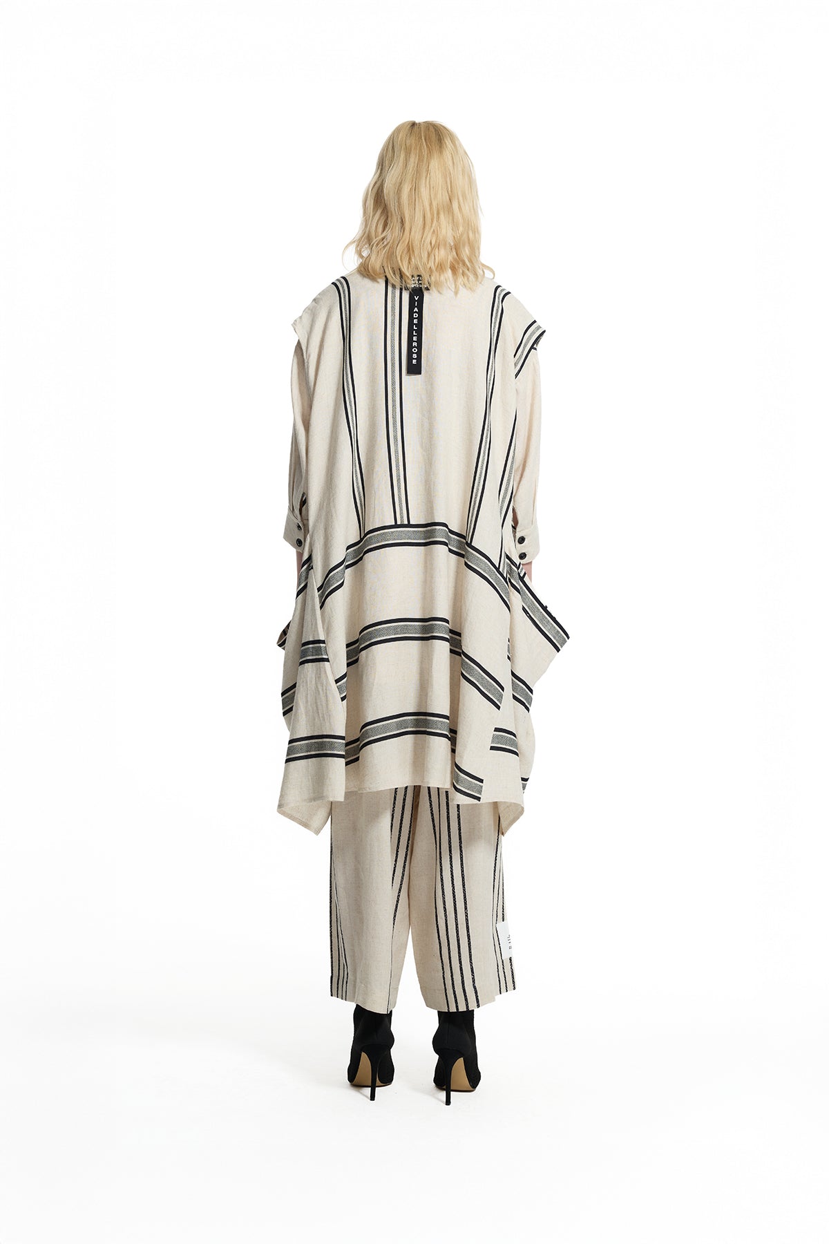 Beige Black Striped Linen Long Coat 19180