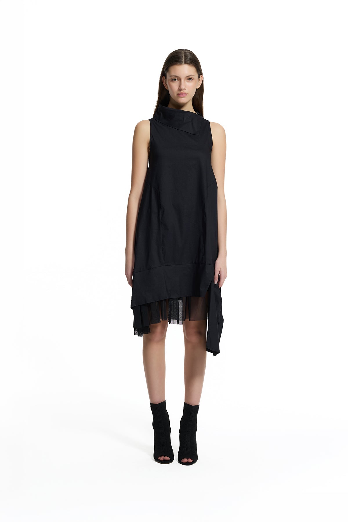 Black Asymmetric Tulle Detail Midi Dress 19187