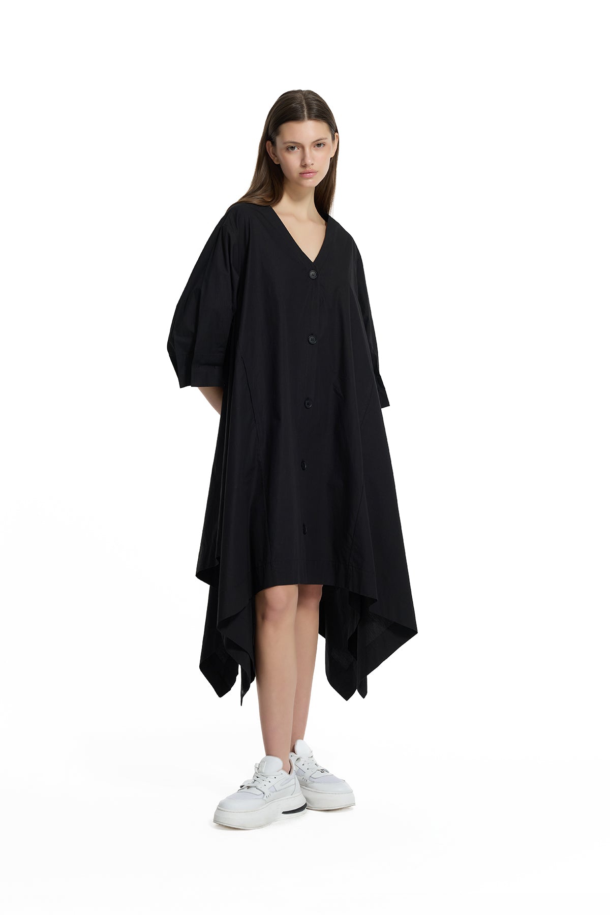 Black V-neck Asymmetric Midi Dress 19188