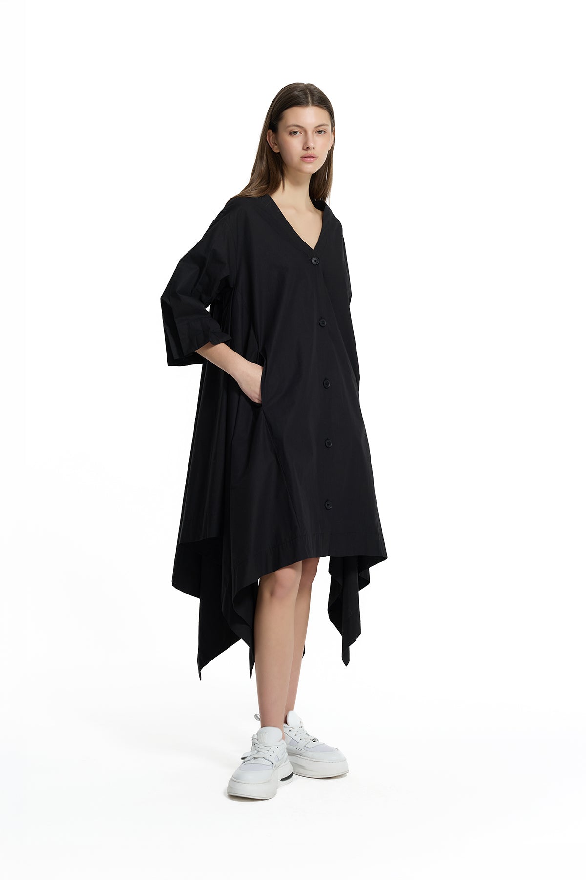 Black V-neck Asymmetric Midi Dress 19188