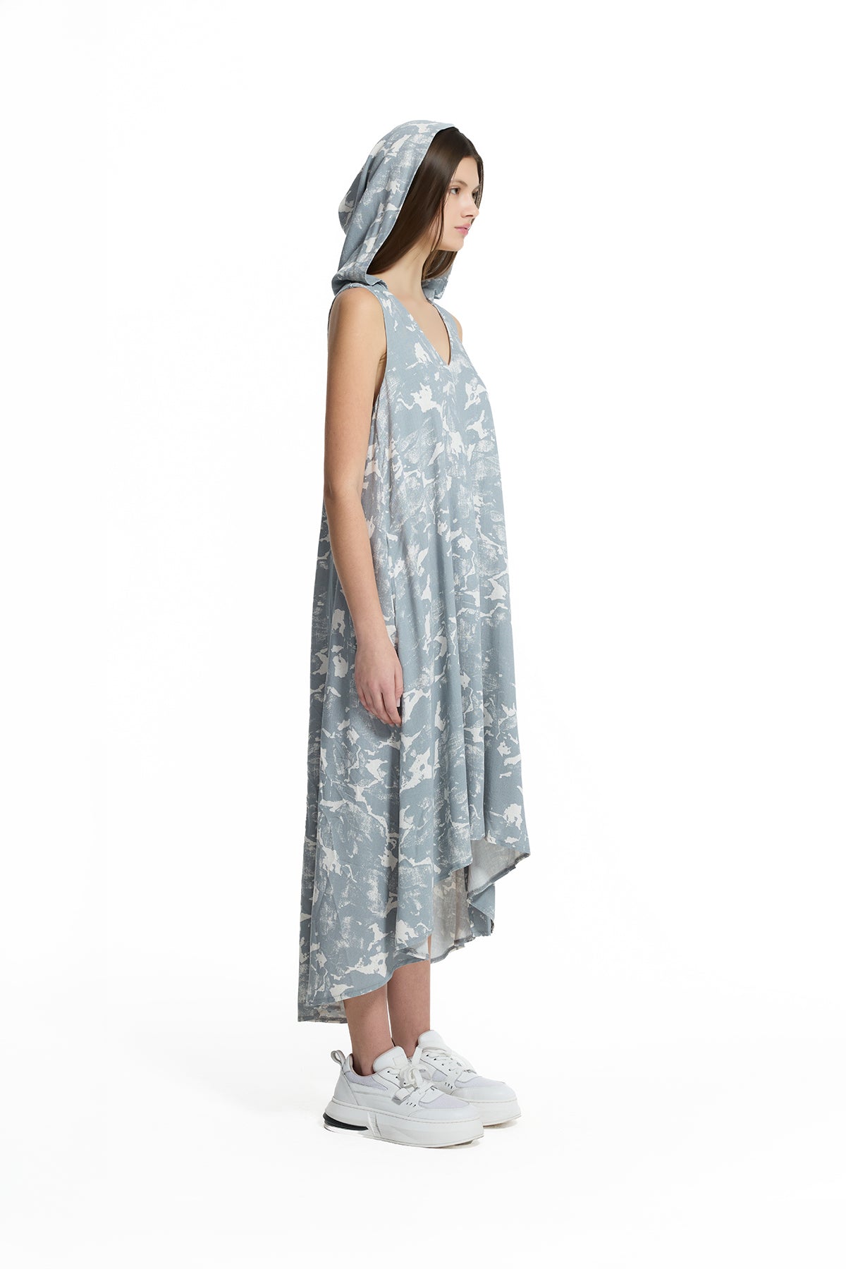 Grey Off White Hooded Asymmetric Printed Midi Dress 19189