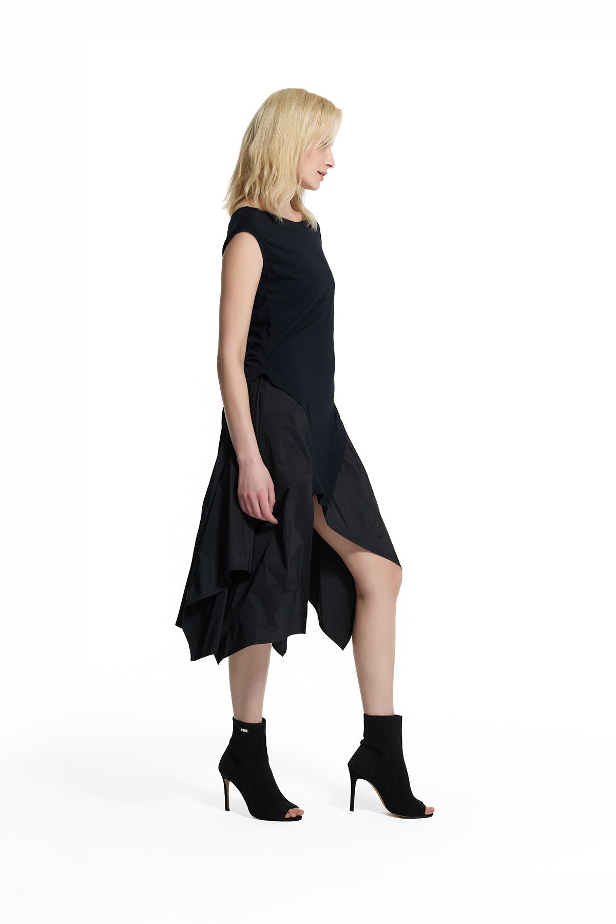 Black Asymmetric Layered Midi Dress 19191