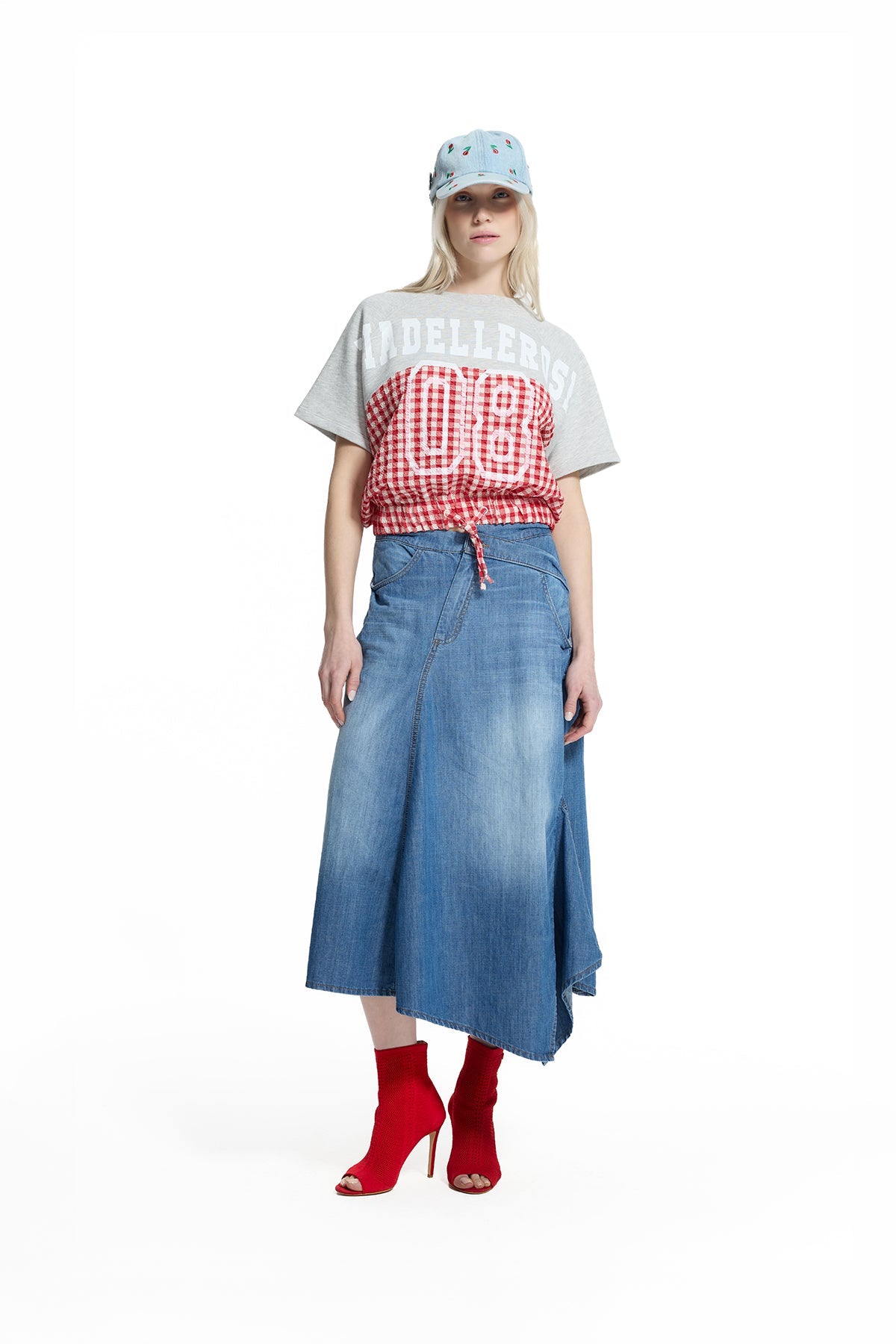 Grey Melange Red Drawstring Gingham Panel Sweatshirt 19196