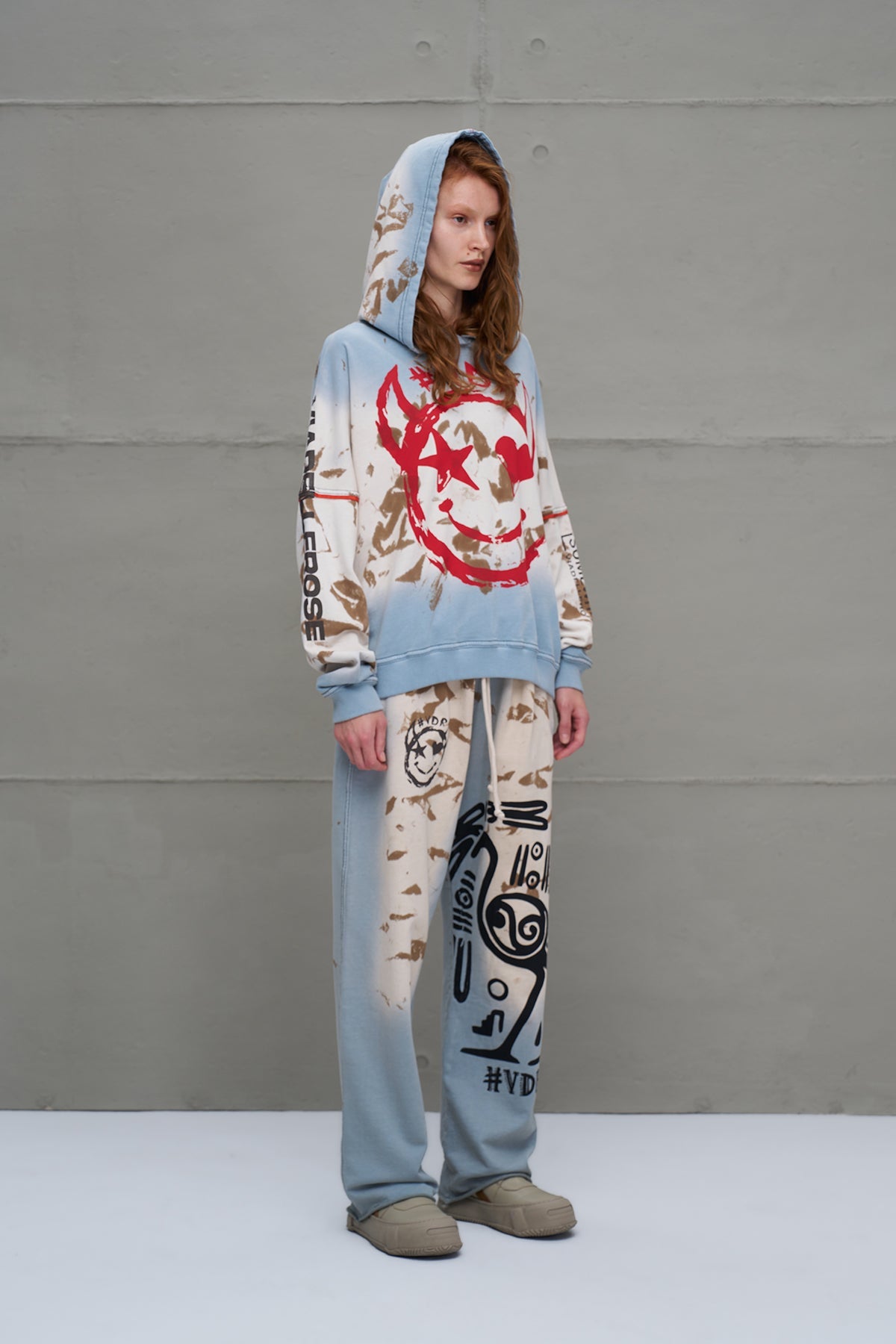 Blue Beige Distressed Print Oversize Trousers 18002