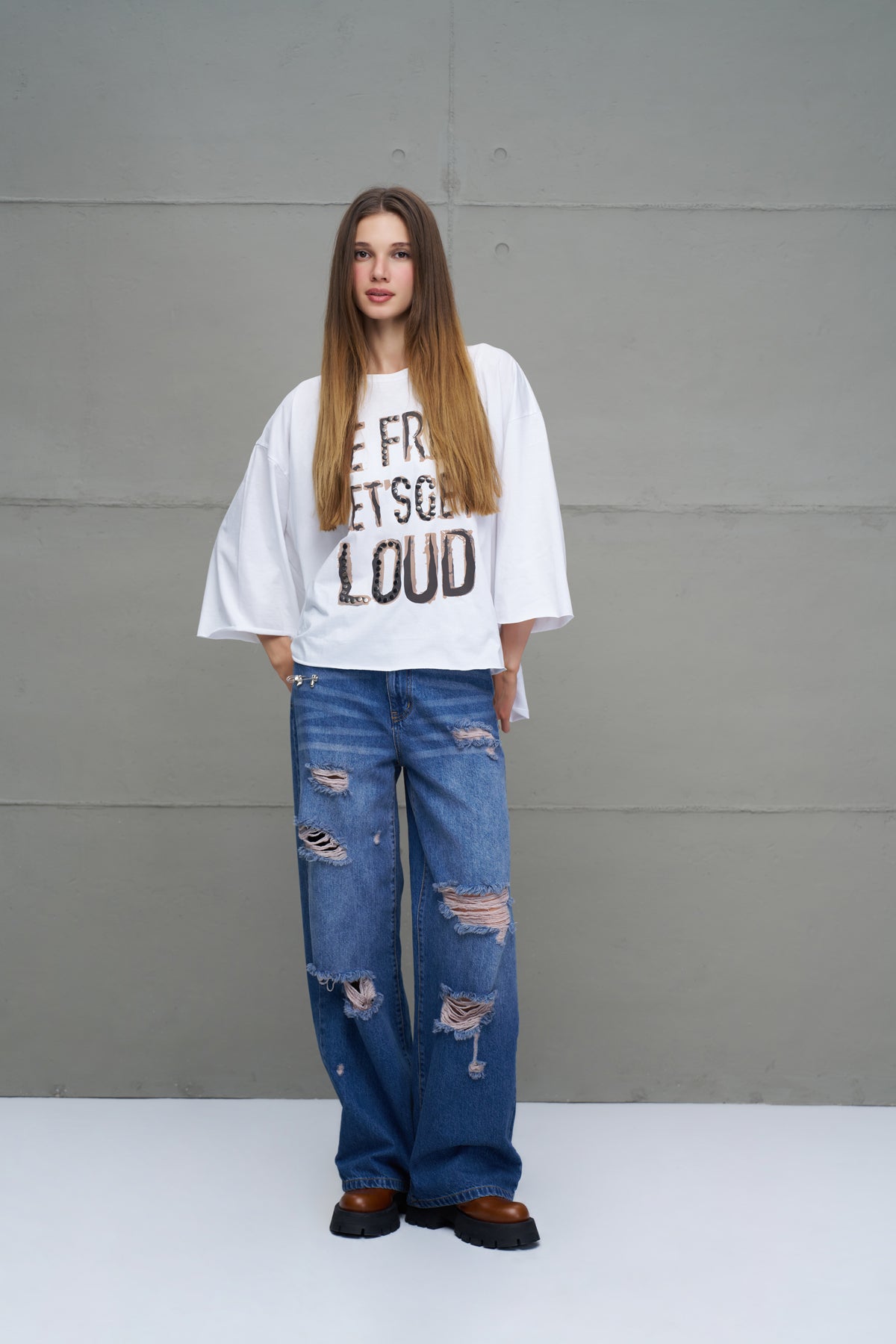 White Slogan Asymmetric Oversized T-shirt 18035
