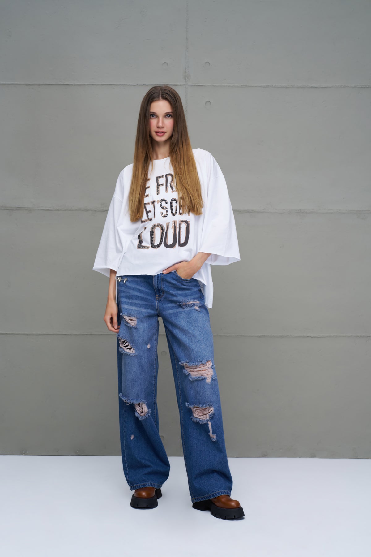 White Slogan Asymmetric Oversized T-shirt 18035