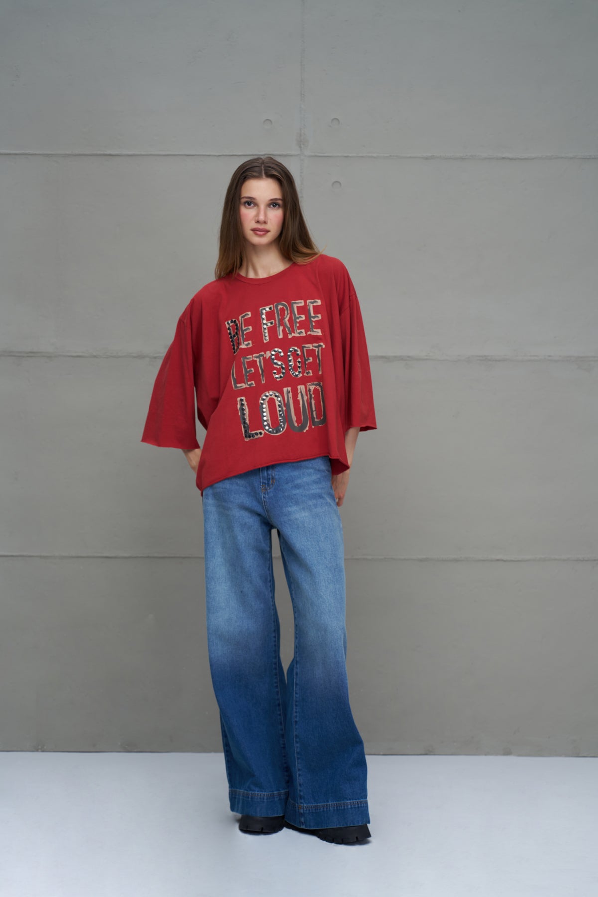 Maroon Slogan Asymmetric Oversized T-shirt 18035