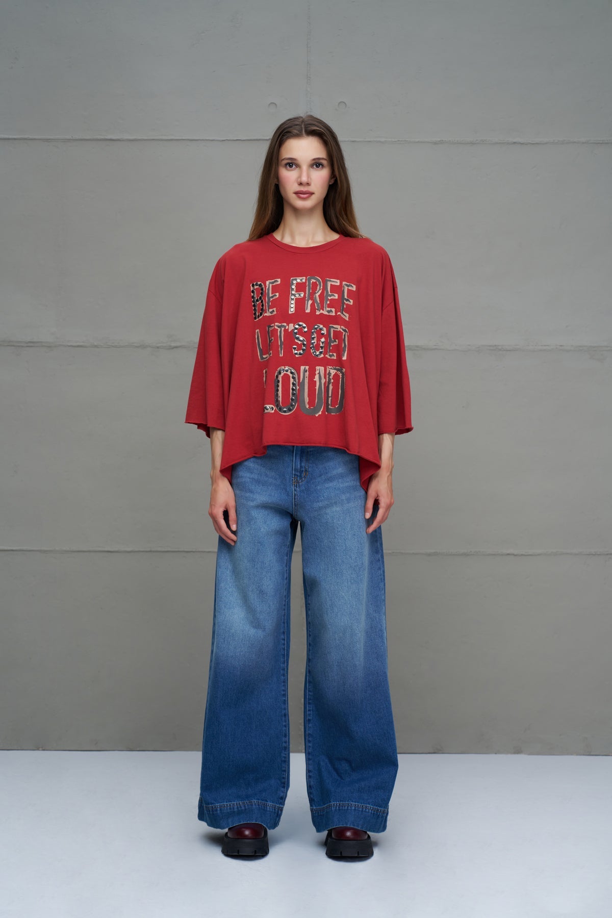 Maroon Slogan Asymmetric Oversized T-shirt 18035