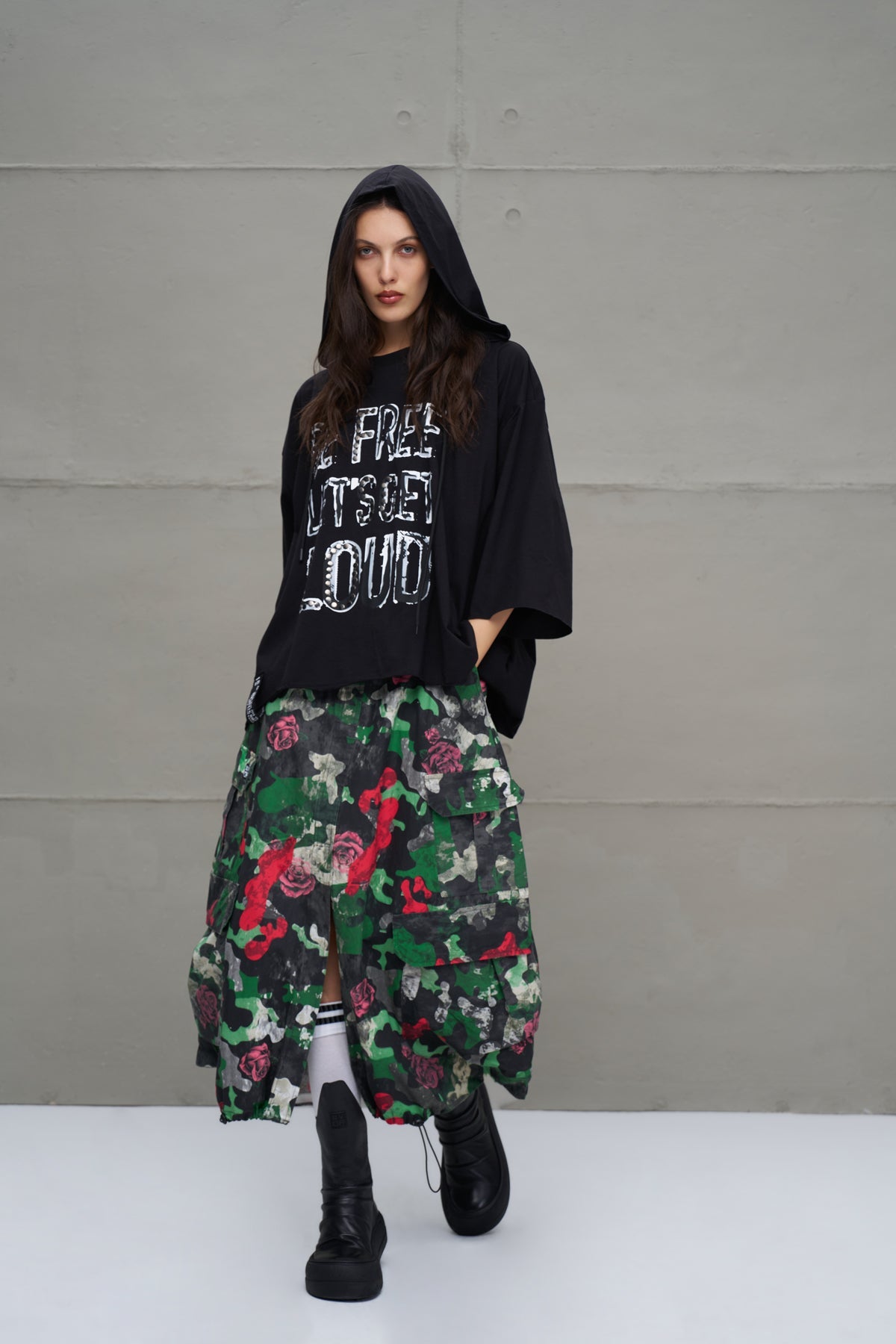Black Slogan Asymmetric Oversized Hooded T-shirt 18042