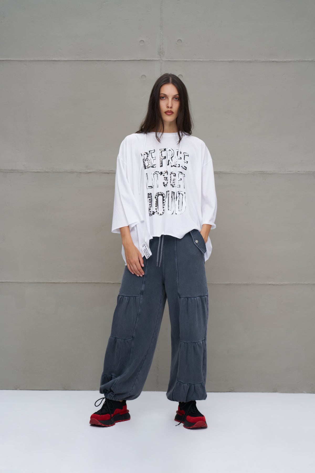 White Slogan Asymmetric Oversized Hooded T-shirt 18042