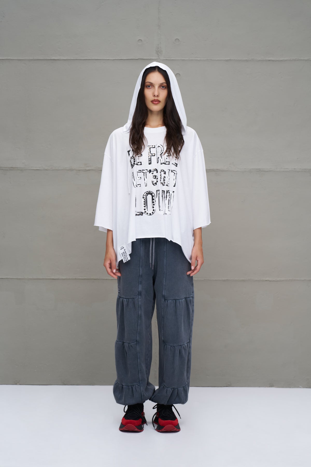 White Slogan Asymmetric Oversized Hooded T-shirt 18042