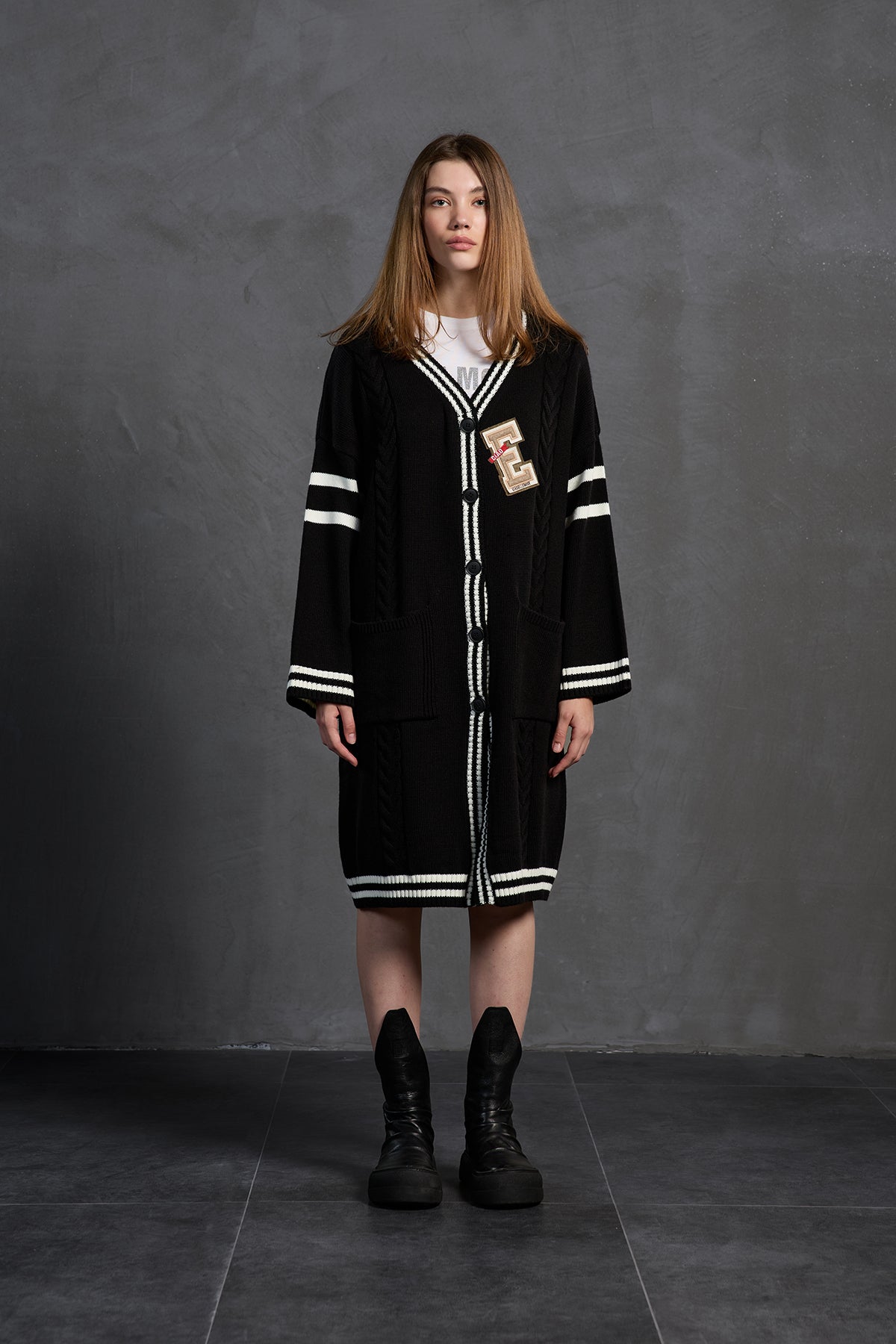 Black Off White Long Oversize Knit Cardigan 18058