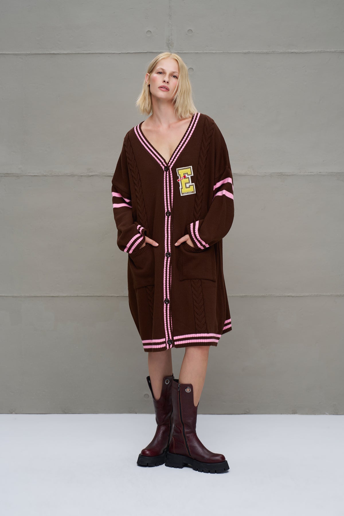 Brown Light Pink Long Oversize Knit Cardigan 18058