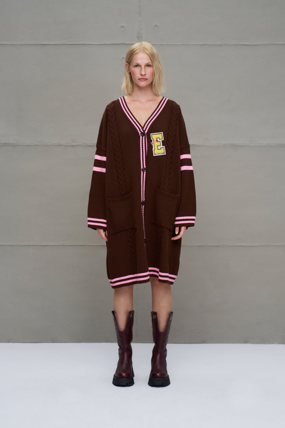 Brown Light Pink Long Oversize Knit Cardigan 18058