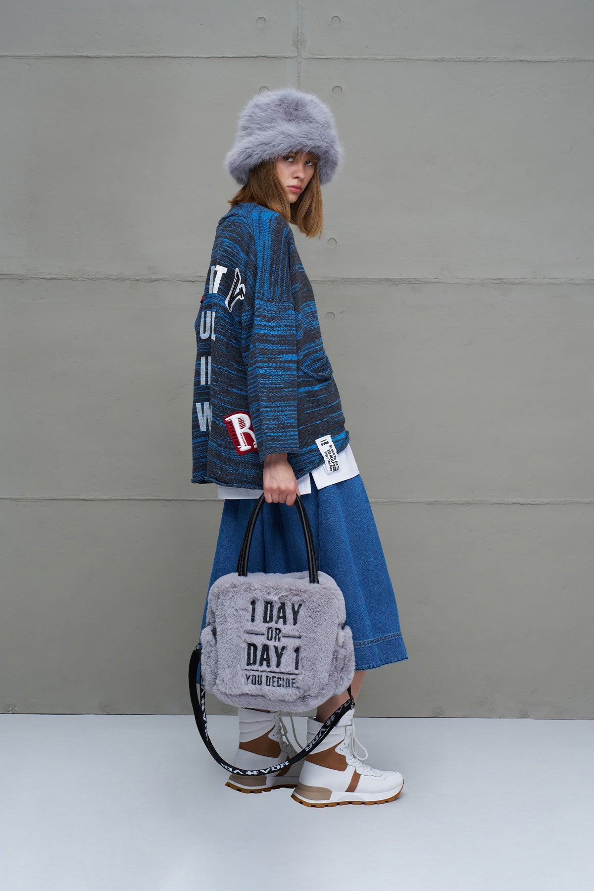 Anthracite Blue Slogan Oversized Knit Cardigan 18062