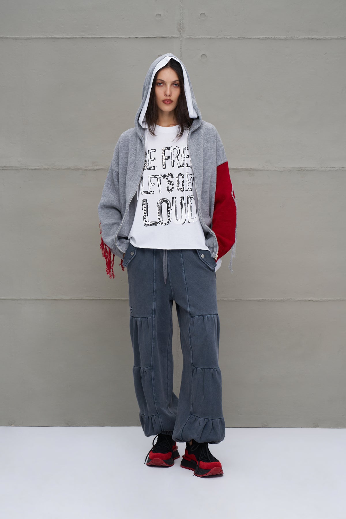 Grey Melange Red Zip-up Oversize Knit Sweater 18070