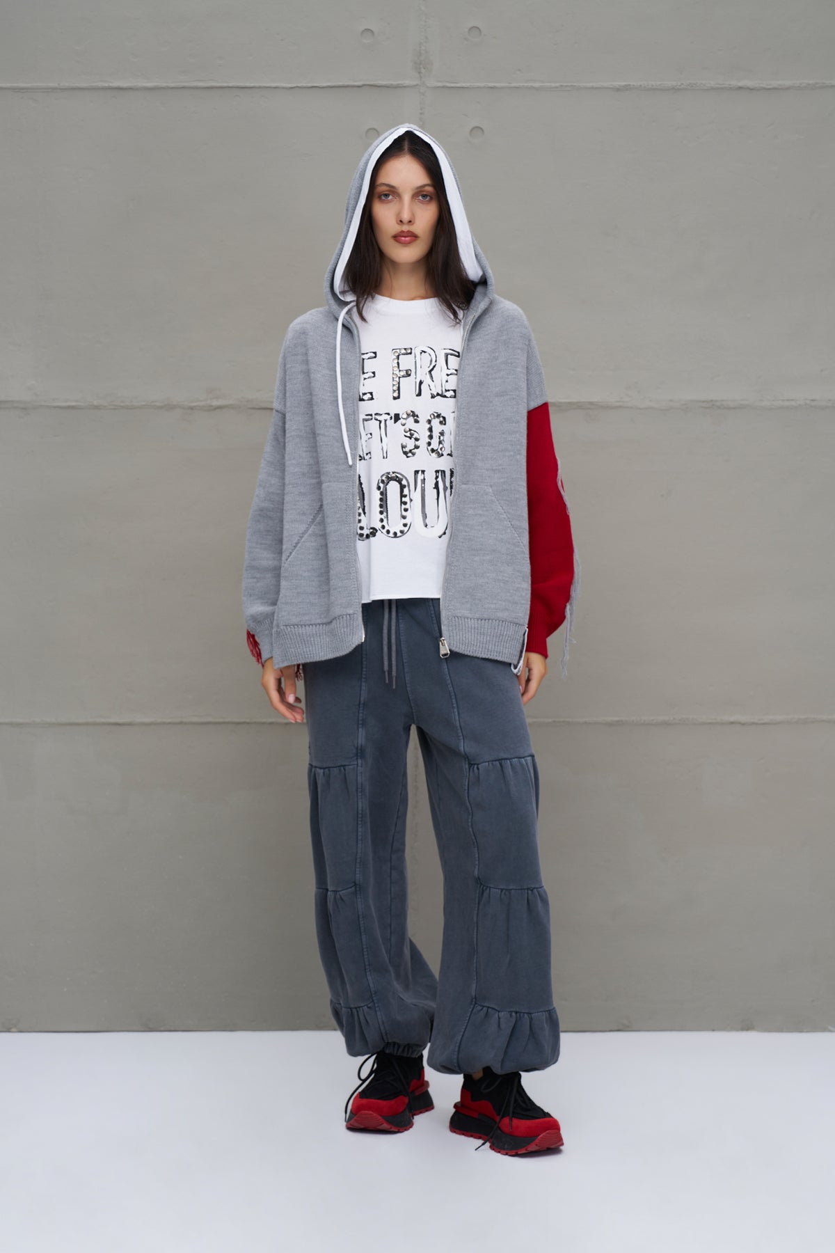 Grey Melange Red Zip-up Oversize Knit Sweater 18070